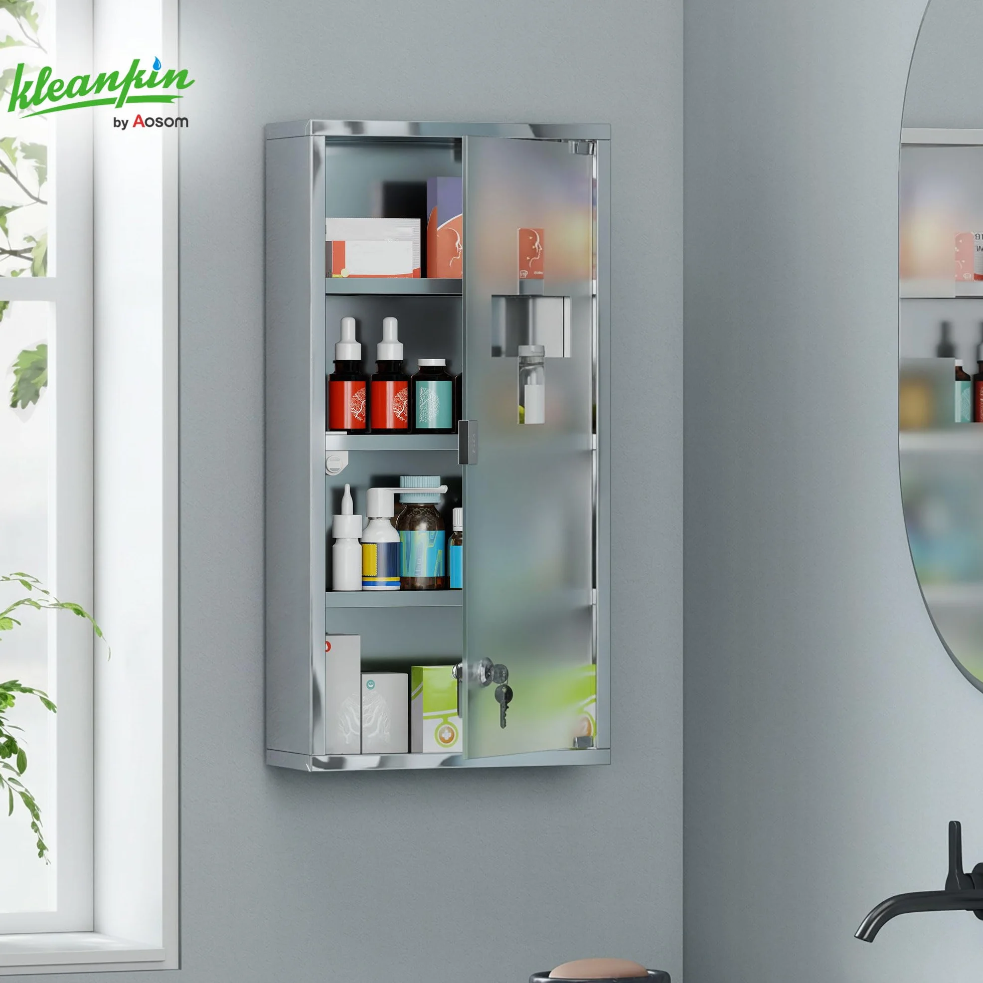 HOMCOM Armario de Medicinas Botiquín Acero INOX 4 Estantes Colgante Pared con Cerradura