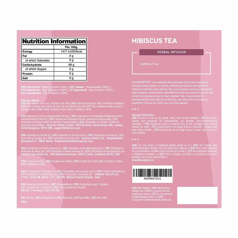 Té de Hibisco en Bolsitas Ecológicas 100 Bolsitas Redondas Sin Cafeína Hibisco Puro