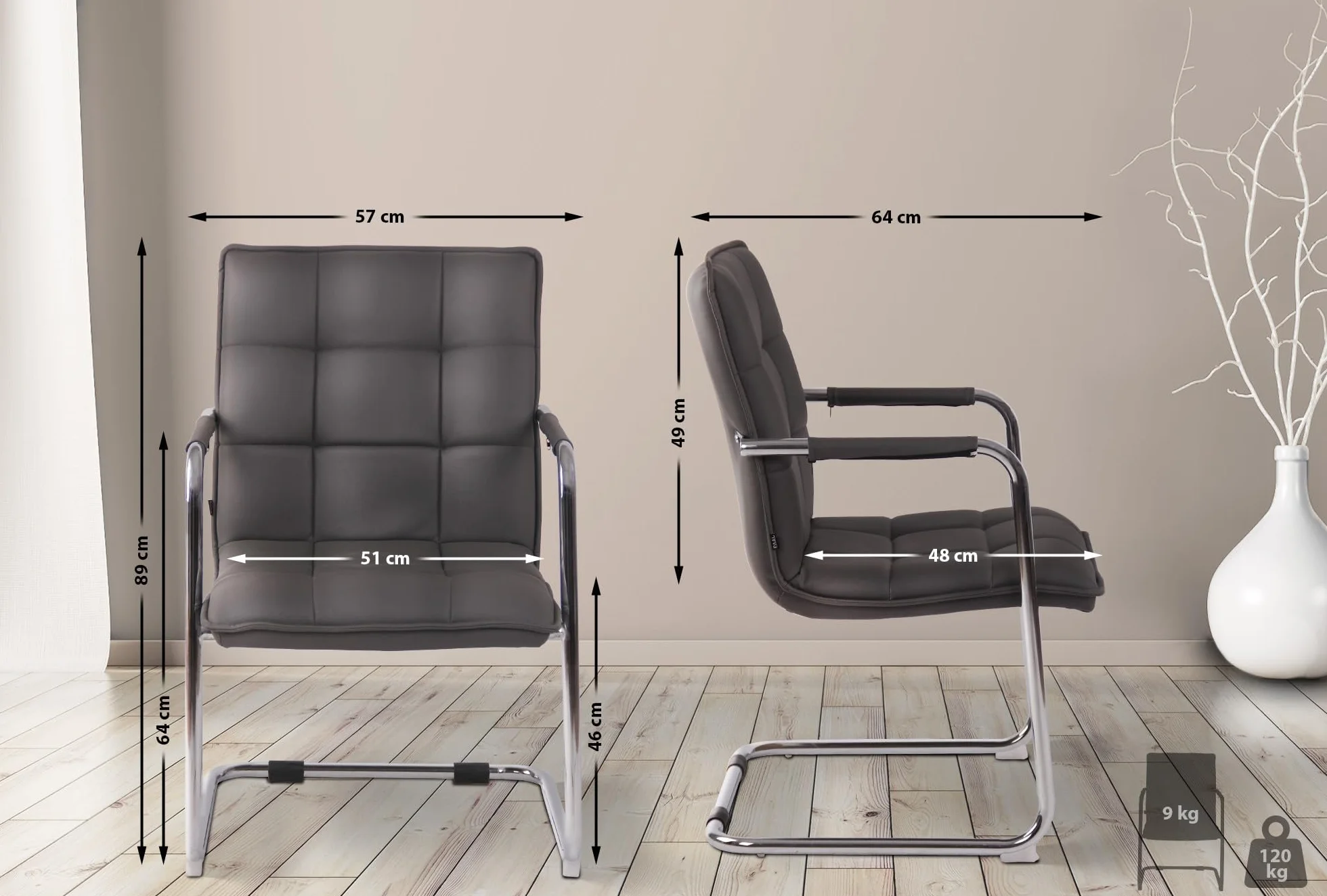 Silla de Conferencia Gandia en Polipiel con Reposabrazos Silla Cantiléver Silla de Oficina Sin Ruedas Gris Marco Cromado