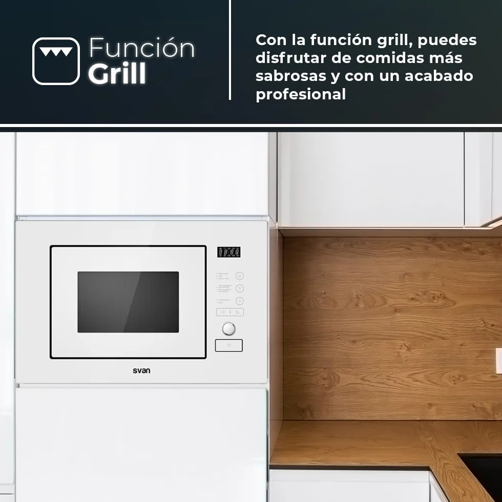 Svan Microondas 20 Litros Integrable con Grill Blanco SMWI2800DGB. 800W, Grill 1000W, 8 Programas, Modo Descongelación, Revestimiento Interior, Fácil Limpieza, Temporizador 95min.