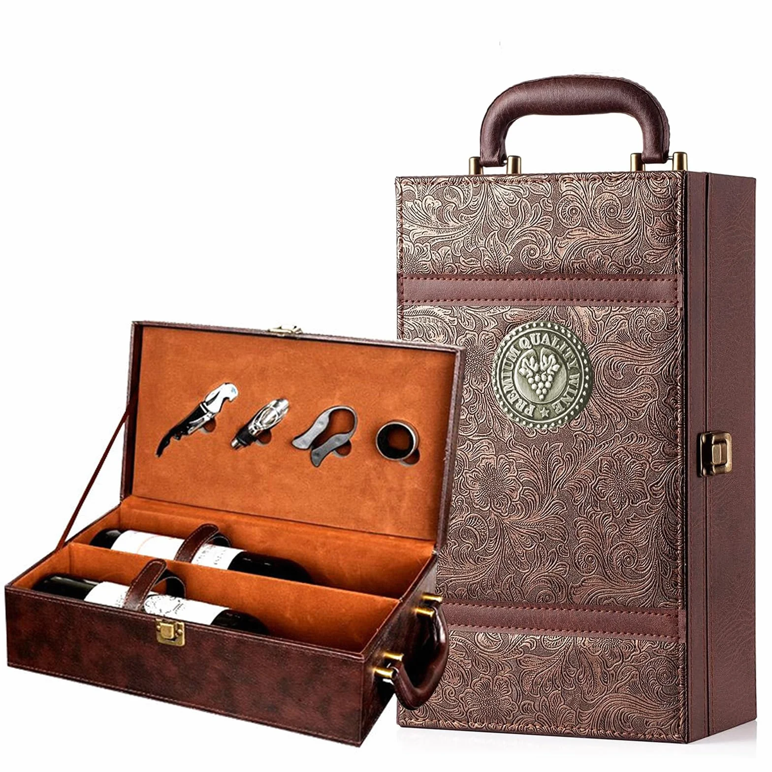 Caja para Botella de Vino con Accesorios para vino de 4 piezas Estuche portador de vino para 2 Botellas para Bodas Aniversarios Fiestas Viajes 35x20x12 cm