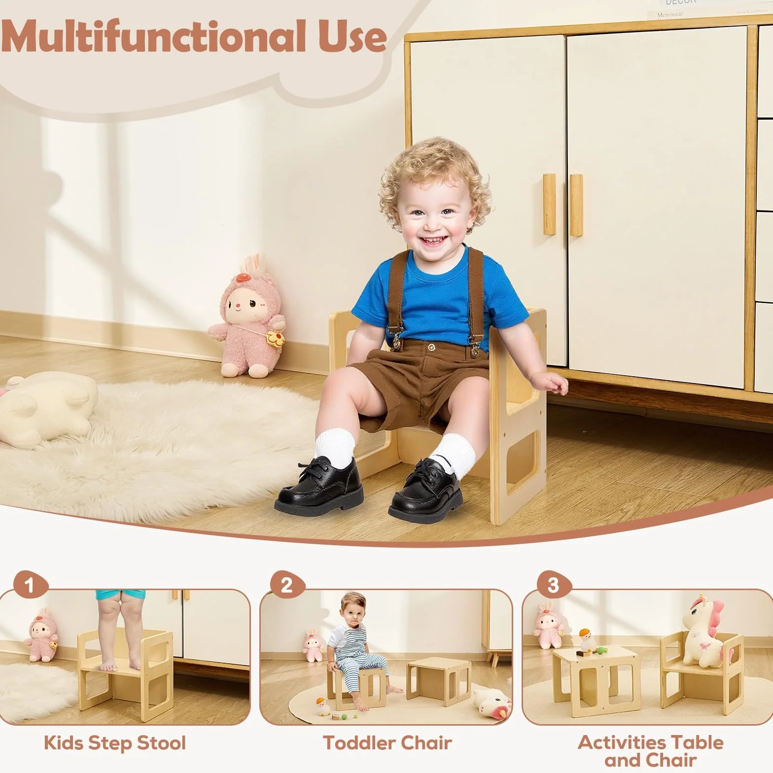 FUNLIO Silla de Destete Montessori Altura Ajustable de Madera Maciza para 1-3 Años con Certificado CPC