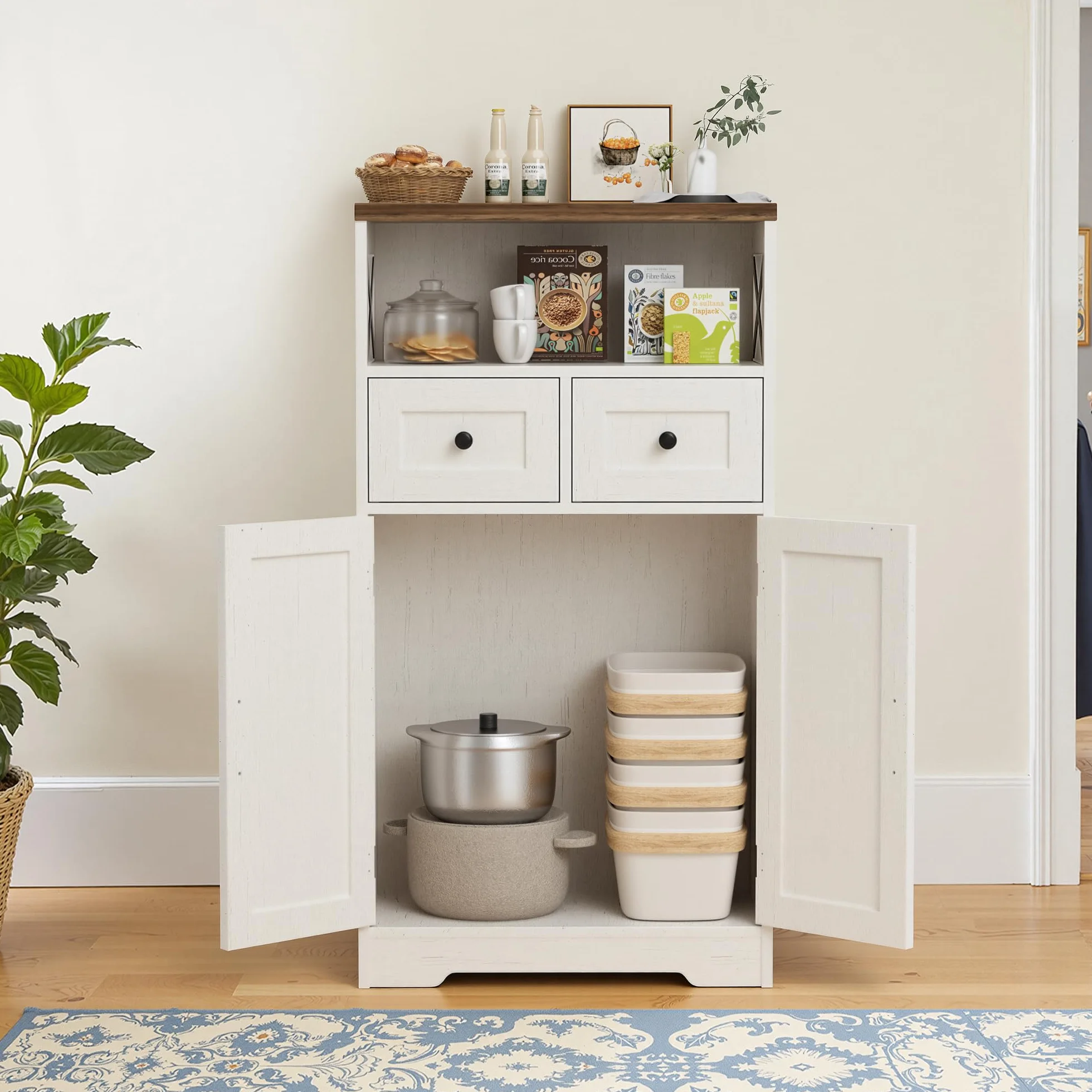 BonVache Aparador, armario de cocina con cajones, armario de almacenamiento, aparador con estante abierto, gabinete de cafetería para cocina, comedor, sala de estar, 58 x 29 x 108 cm, Blanco