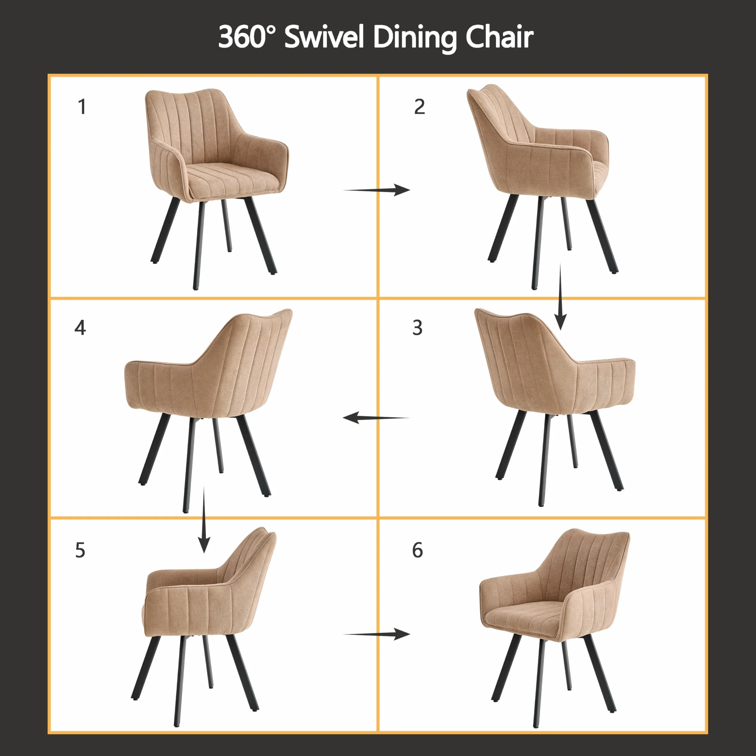 Juego de 6 Sillas de Comedor con Brazos, Sillas de Cocina Tapizadas en Lino, Patas Metálicas Giratorias 360°, Aptas para Comedores, Cocinas y Salas de Estar, Caqui