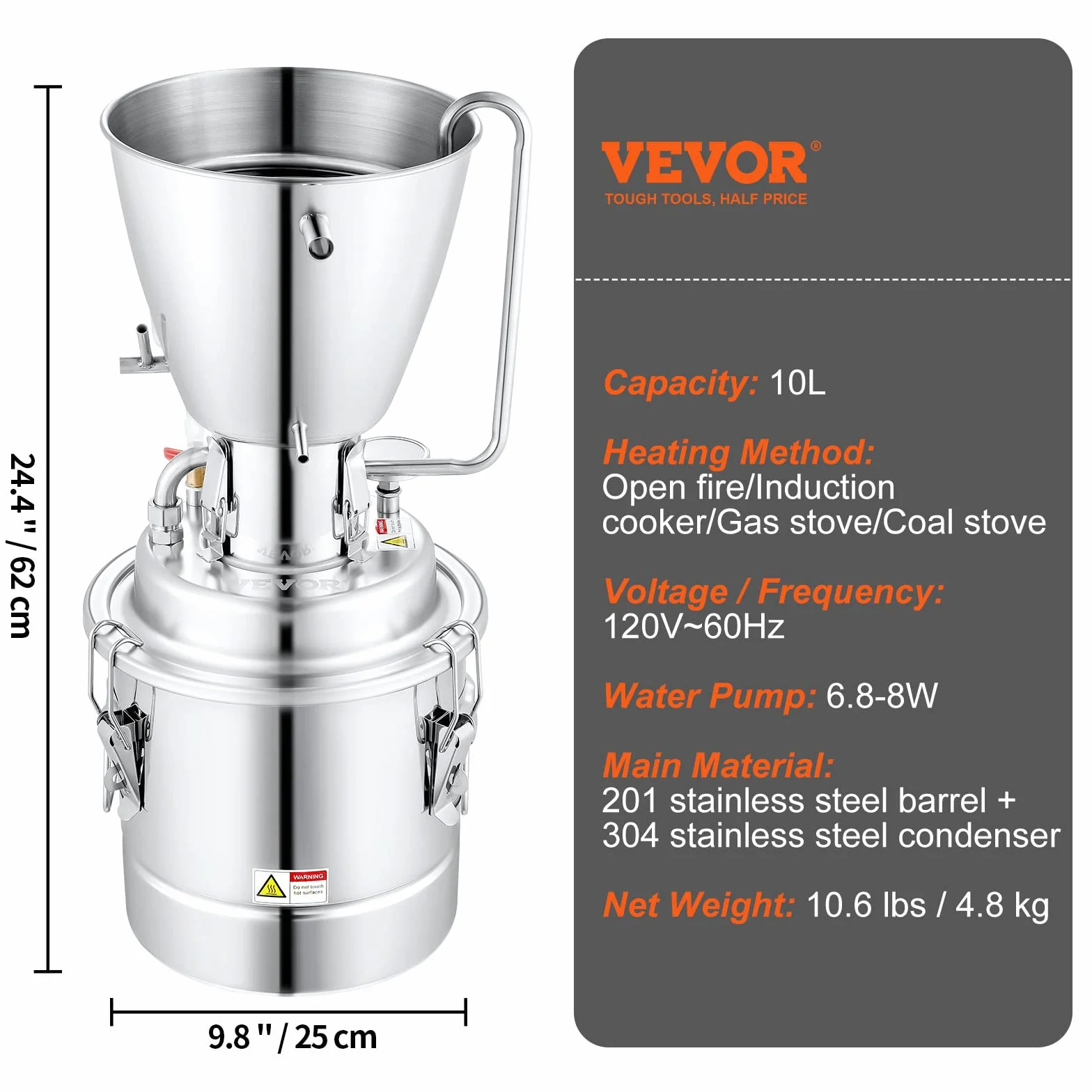 VEVOR Destilador de Alcohol 10L Acero Inoxidable Bomba de Agua 6,8-8 W Kit de Destilación