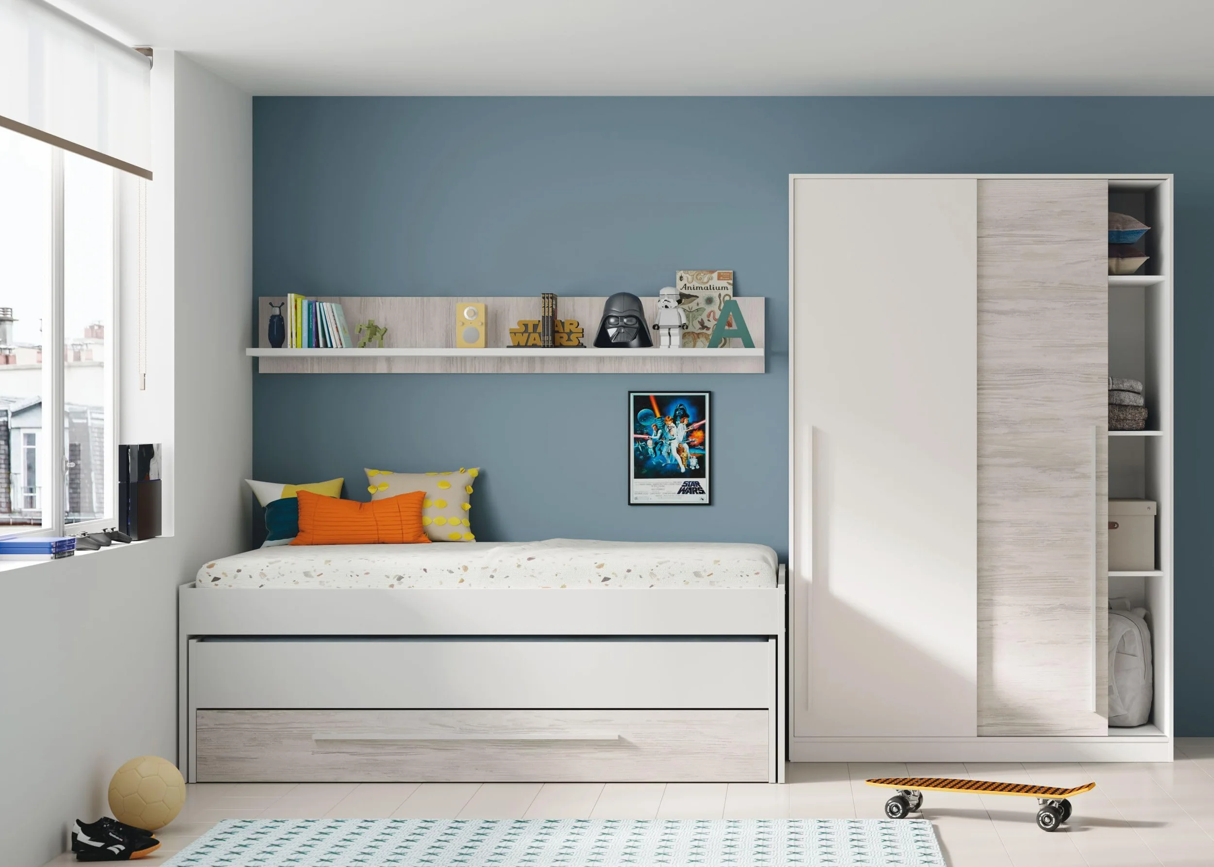 Habitdesign Cama Nido Juvenil 2 Camas Cajon Estante Infantil Blanco 199x96x65 cm