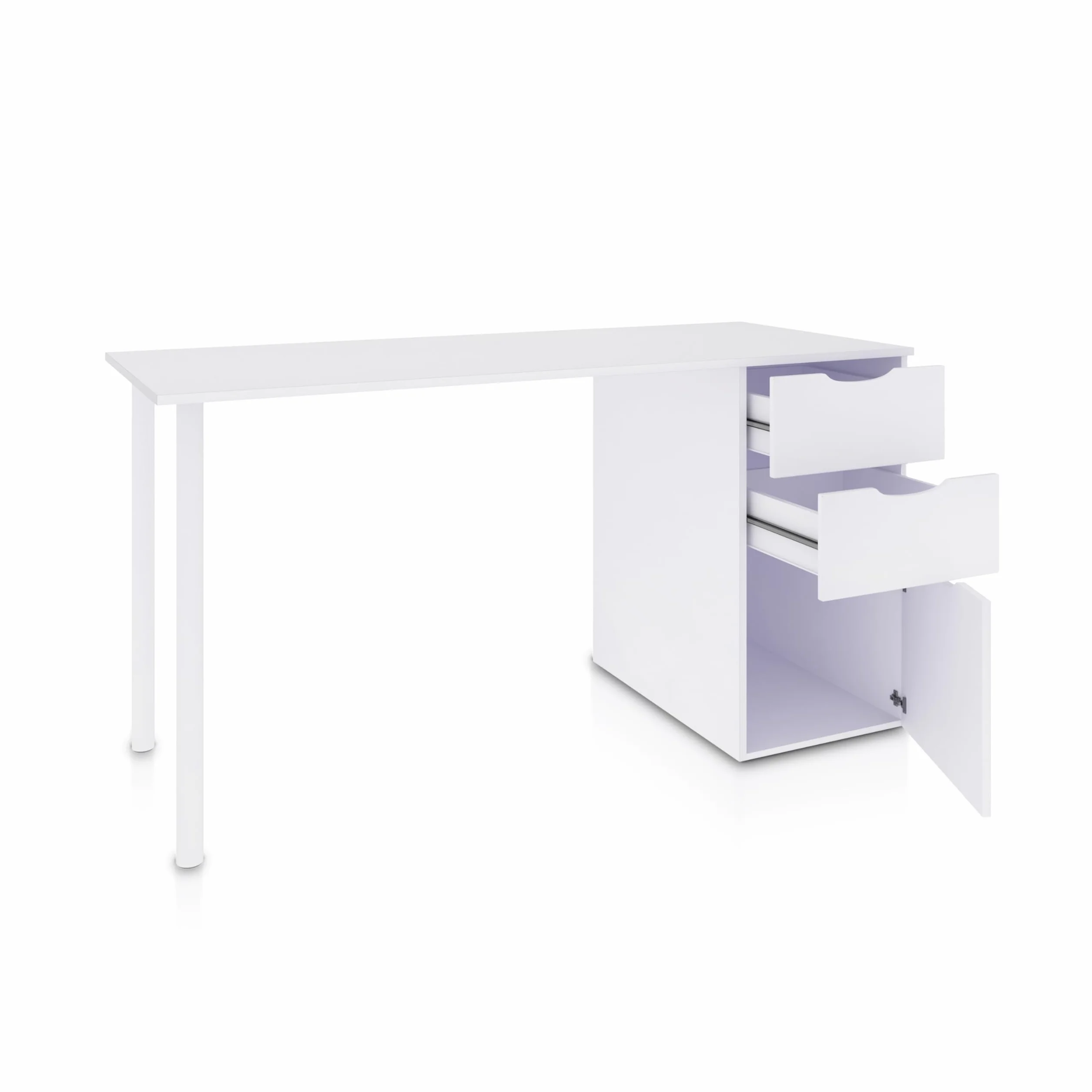 duehome | Mesa Ordenador Reversible con 2 Cajones y 1 Puerta, Mesa Despacho, Escritorio, Modelo Luma, Acabado en Color Blanco Artik, Medidas: 138 cm (Ancho) x 60 cm (Fondo) x 74 cm (Alto)