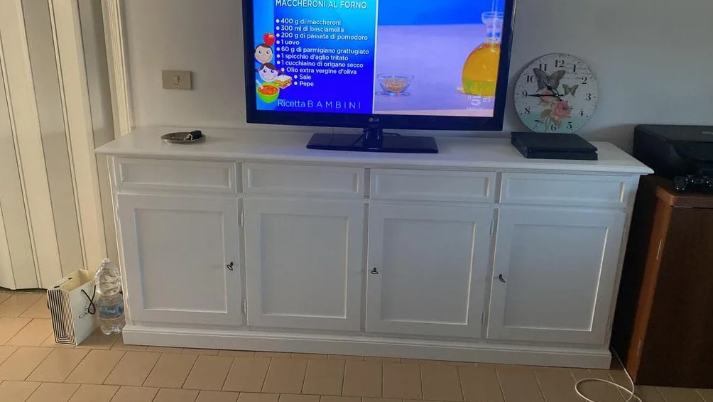 Mar.c.a. Design, Aparador Blanco, Aparador Cocina de Madera con 4 Cajones y 4 Puertas - Mueble TV Salon 205x42x86H - Mueble Salon y Cocina, Mueble TV Blanco para Varios Ambientes y Usos, Made in Italy