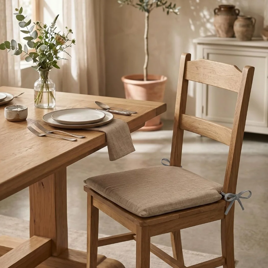 PIND Pack 4 Cojín Cuadrado para Silla 40x40 cm de Espuma de Alta Densidad, Asiento en Tela de Lino con Cintas, Relleno Firme Antideformación para Comedor, Cocina y Jardín. (4, Lino)