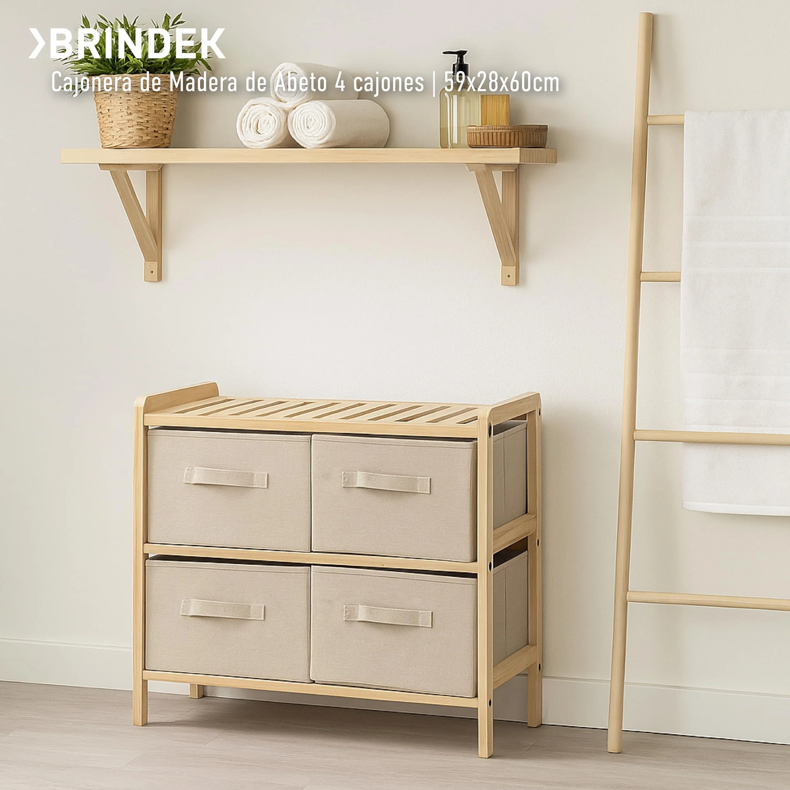 Organizador de madera de abeto Cajonera de Tela 4 cajones Mueble auxiliar dormitorio baño salón