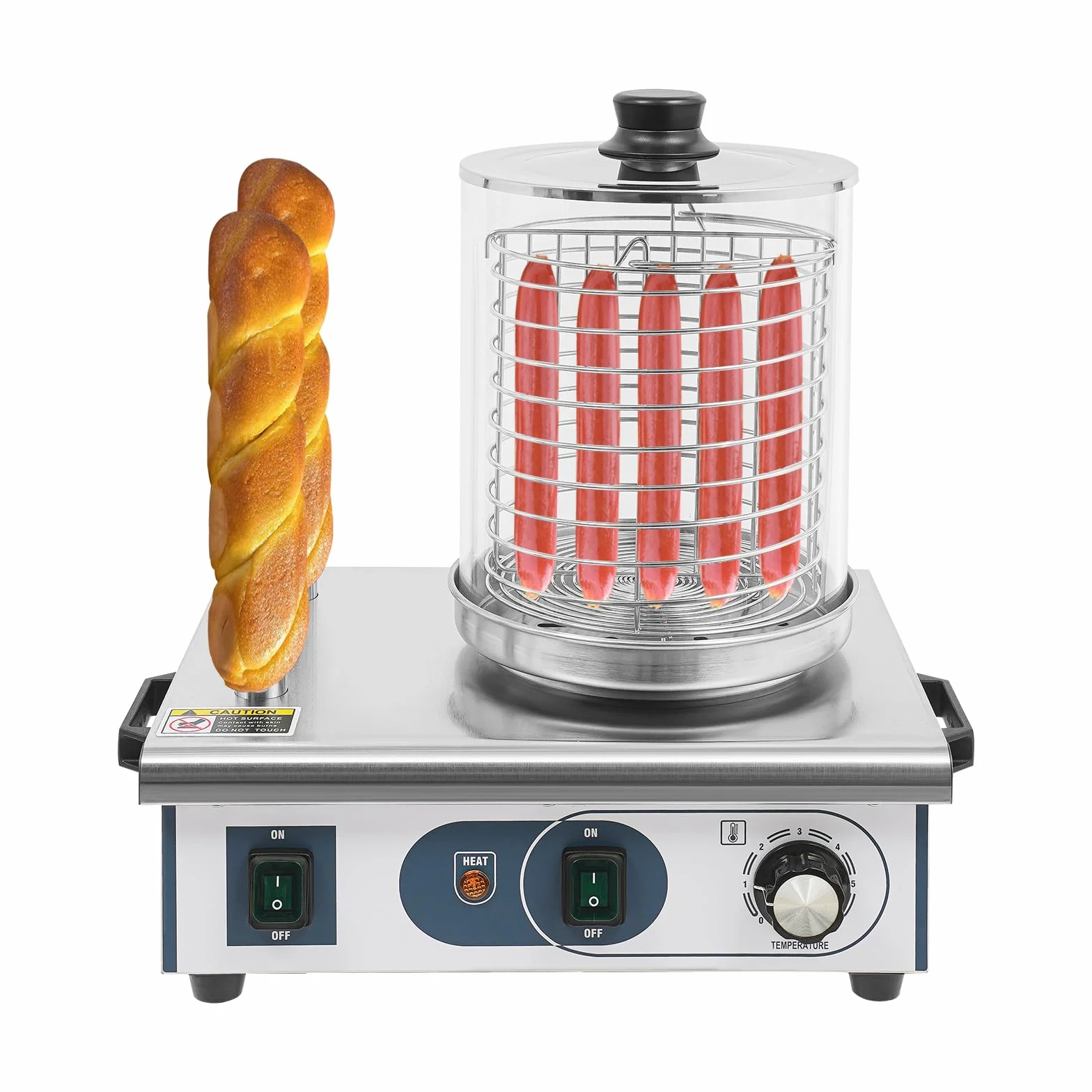 Calentador de perro caliente profesional, calentador de acero inoxidable con capacidad de 6 L y 2 barras de pan, control de temperatura 50-300 °C, potencia de 550 W para comida y fiestas, 37 x 28,5 x