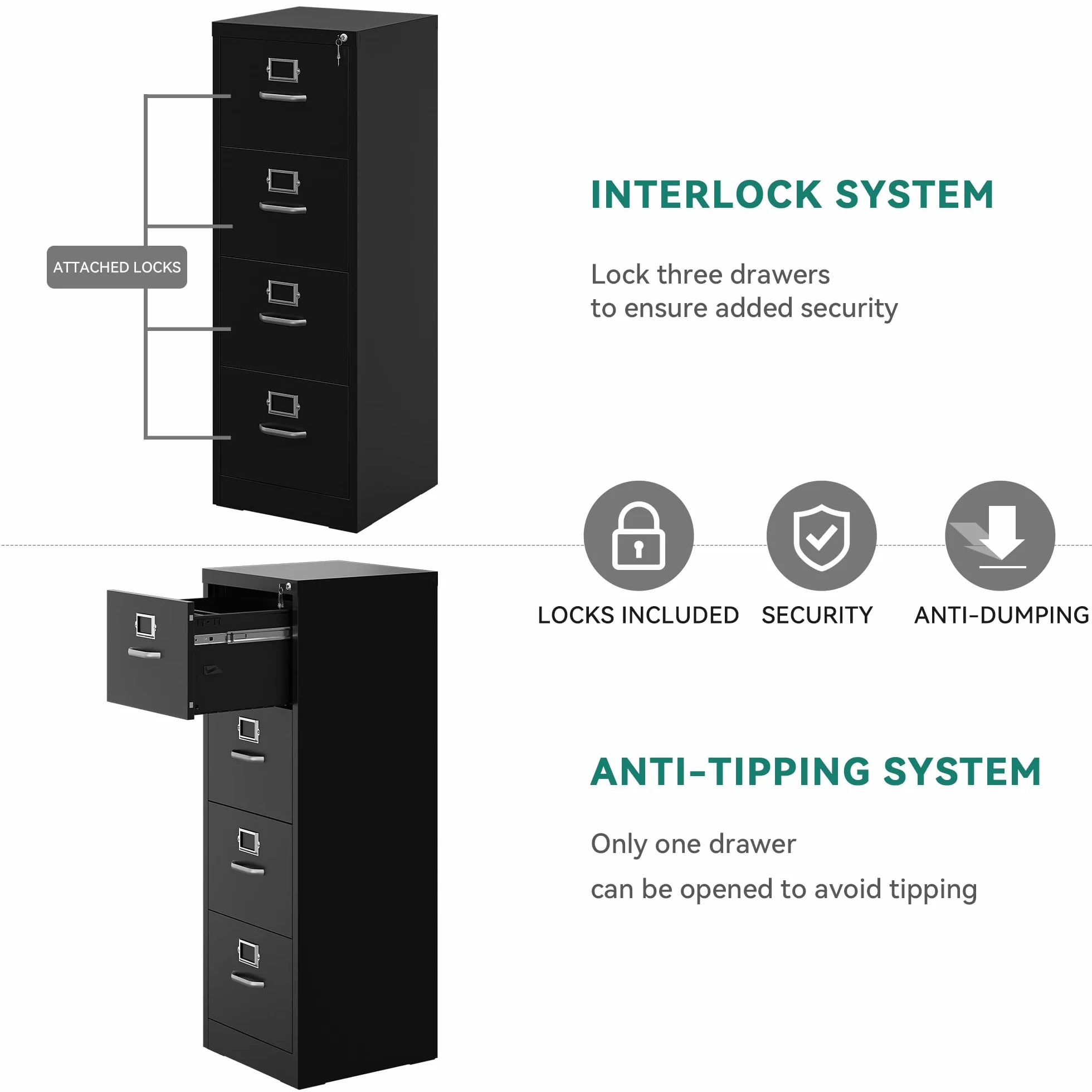 YITAHOME Archivador vertical con 4 cajones, con cerradura para tamaño carta/legal/A4, cajones de almacenamiento antivuelco con ranura para tarjetas de taco para oficina en casa, negro, 45,8 x 45 x 133