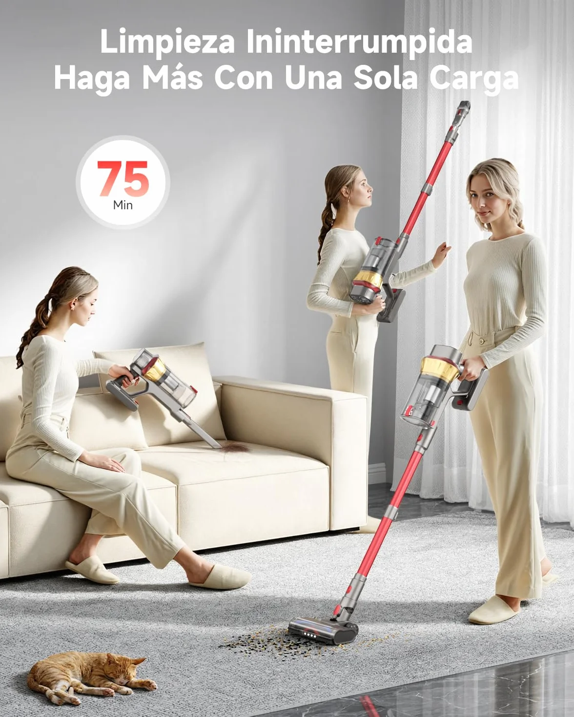 55KPa/650W Aspiradora sin Cable, Aspiradora Sin Cable Potente hasta 75Mins, con Carga de Pared Smart Screen, Cepillo Antienredos, Alfombra Pelo Mascota Suelo Sofá[Clase de eficiencia energética A+++]