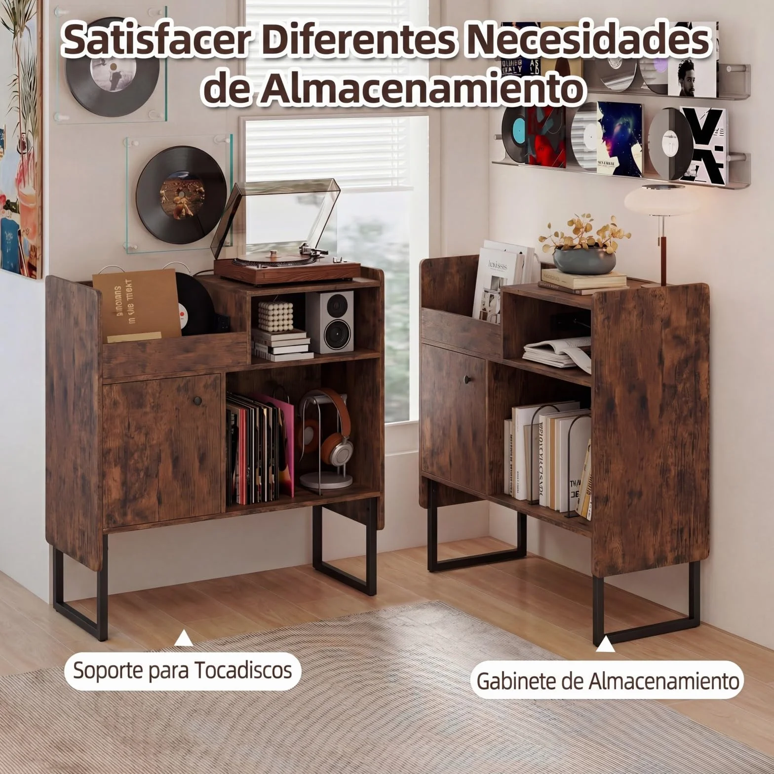 COSTWAY Mueble para Tocadiscos con Almacenamiento de Vinilos, Soporte Industrial, 80 x 35,5 x 85,5 cm