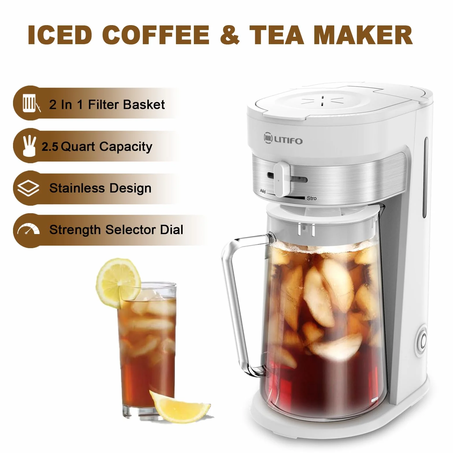 LITIFO - Máquina de té helado y cafetera helada con jarra de 2.5 cuartos de galón, selector de fuerza deslizante para personalización del sabor, acero inoxidable (blanco)