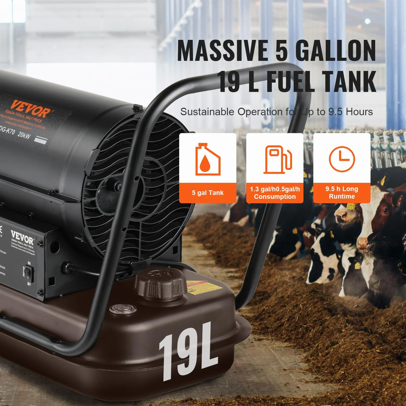 VEVOR Calentador de Aire Forzado a Queroseno/Diésel, 70000 BTU, Portátil con Control de Termostato, Tanque de 19 L, para el Hogar, el Lugar de Trabajo, la Industria, Negro, 870 x 385 x 550 mm