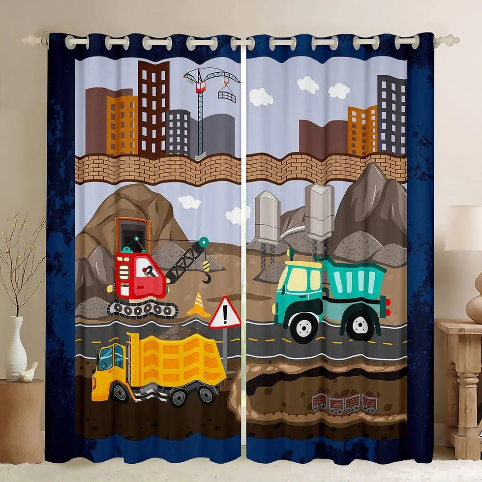 Cortinas Opacas para excavadoras de construcción de Dibujos Animados (30% – 50% – Cortina de vehículos para maquinaria Bulldozer Crane oscurecimiento Ventana Dreapes tratamientos de Ventana W66 x L