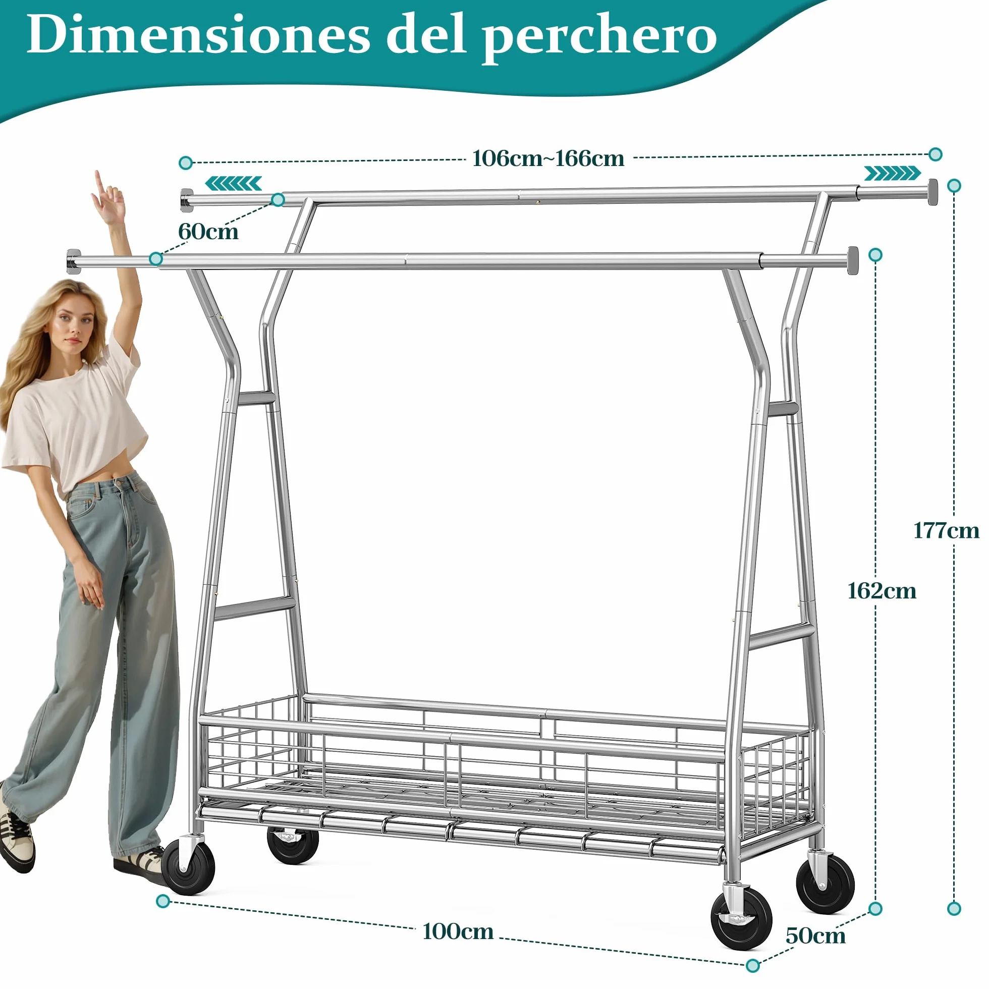 Burro Ropa resistente con Ruedas y Cesta para Ropa Sucia, Perchero Burro Ropa Extensible para Carga Pesada 200 kg, Burro para ropa para Almacenamiento en Entrada, Dormitorio o Vestidor