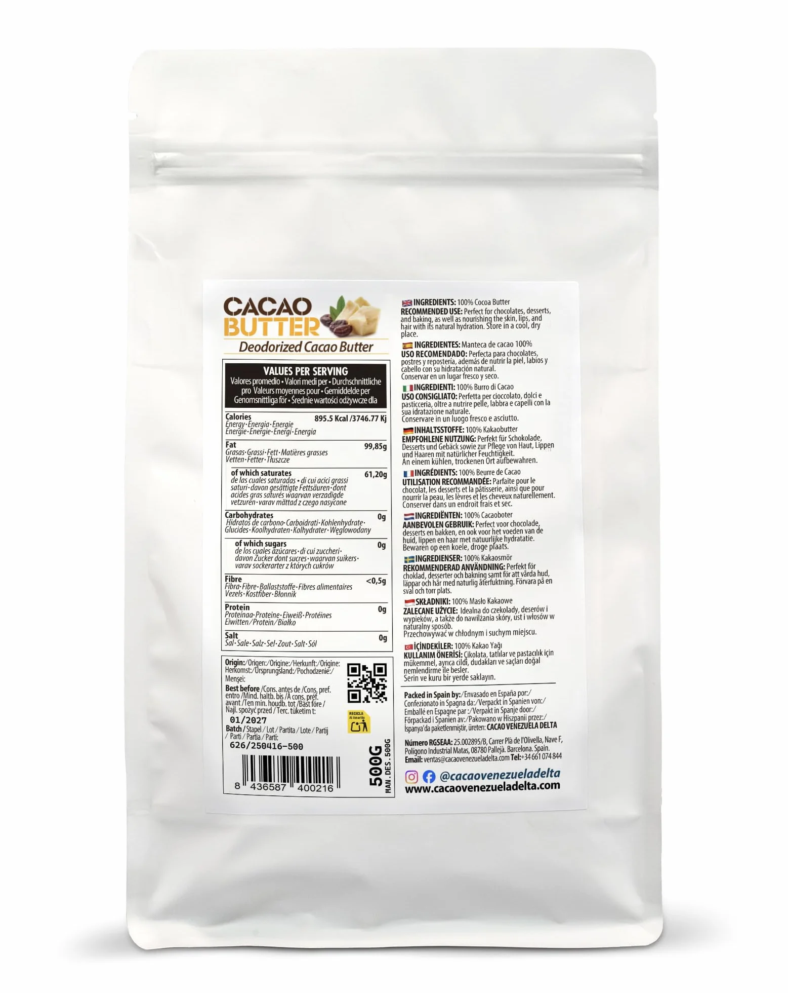 Manteca De Cacao 100% Tipo Desodorizada Bolsa 500g Cacao Venezuela Delta