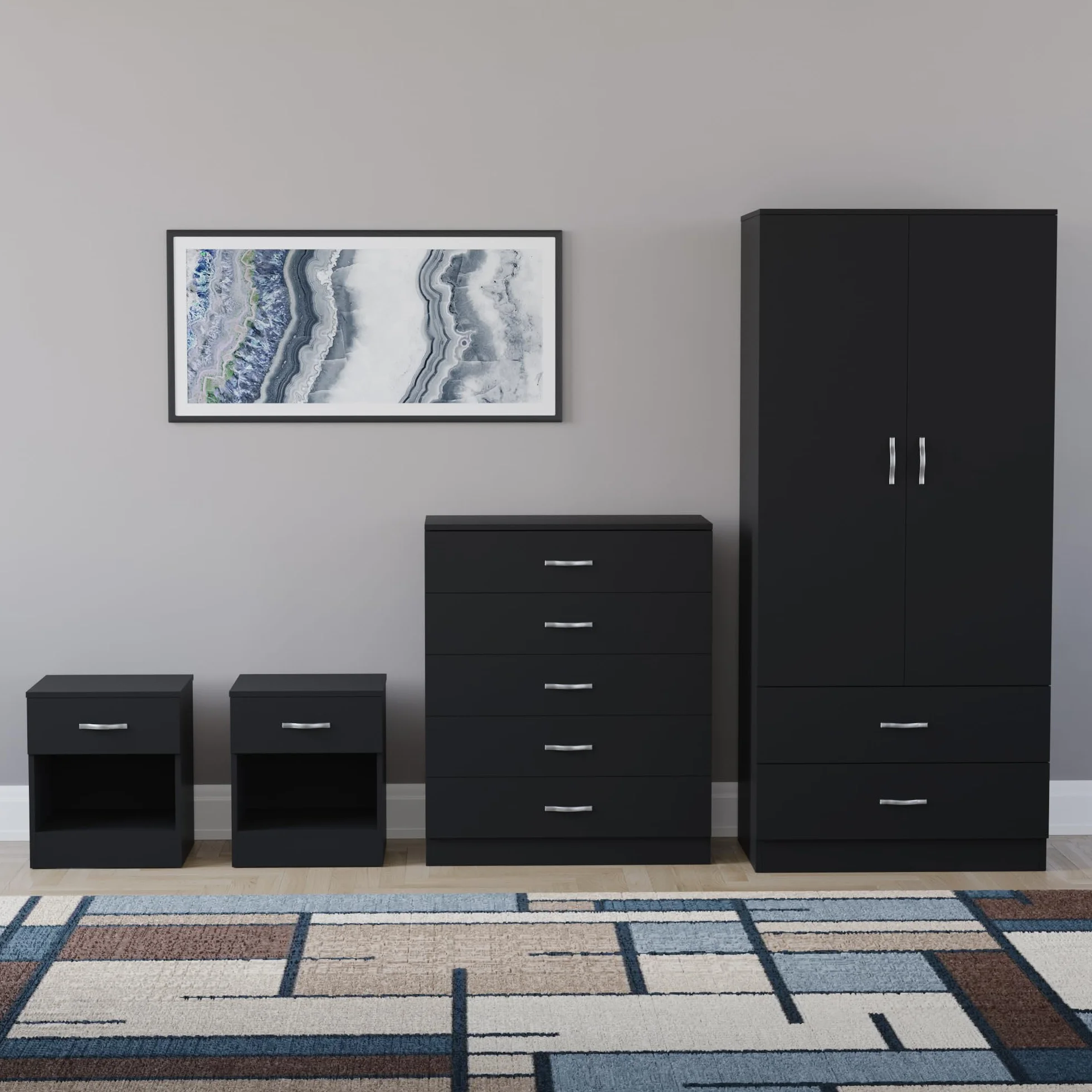 Vida Designs Riano - Juego de dormitorio de 4 piezas (1 cajón, cómoda de 5 cajones, armario de 2 puertas y 2 cajones), color negro (5)
