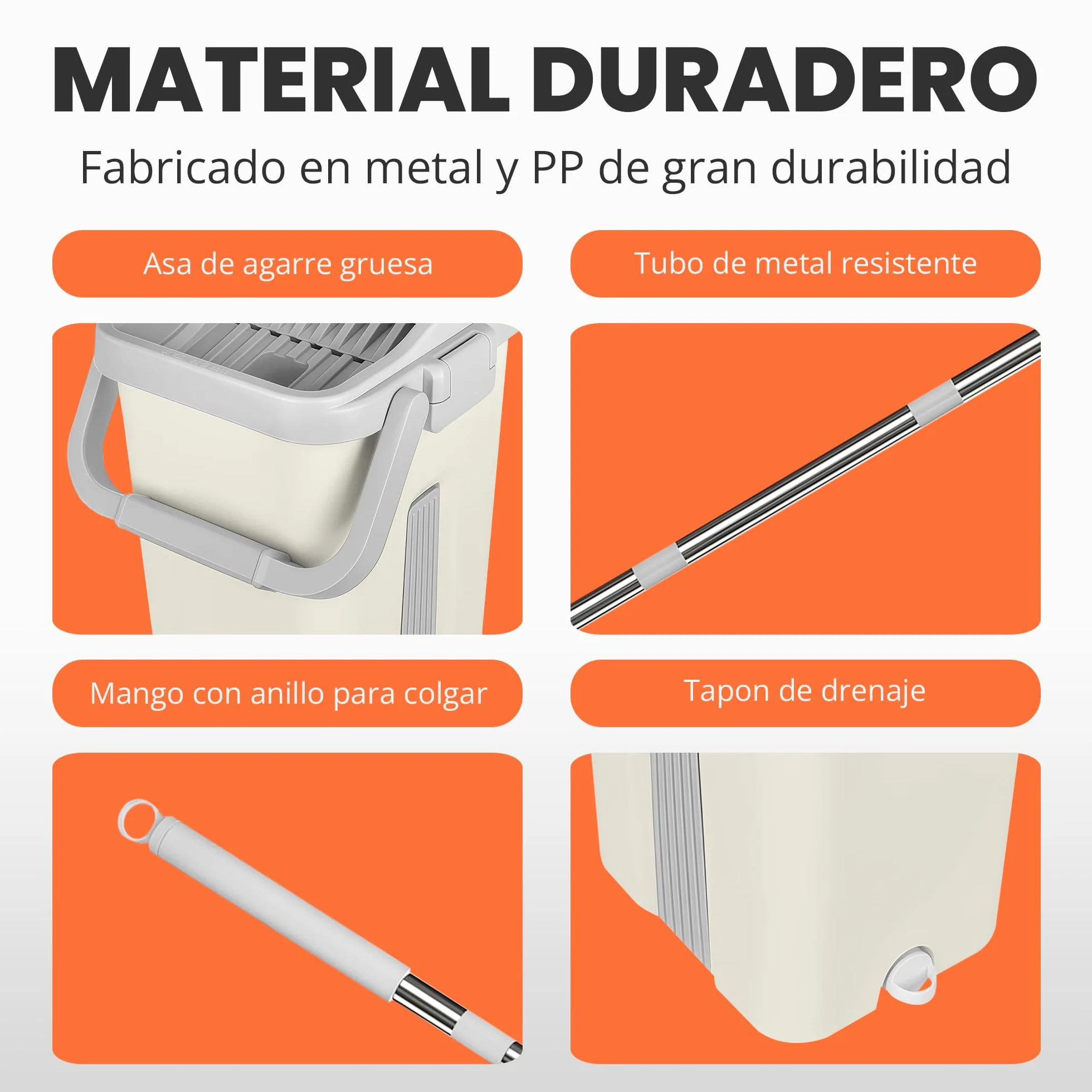 JUPPLIES Mopa Fregona con Cubo Escurridor Doble Compartimento 7,5 L Sistema Giratorio Mango Telescópico Recambios Microfibra Blanco 6 Recambios