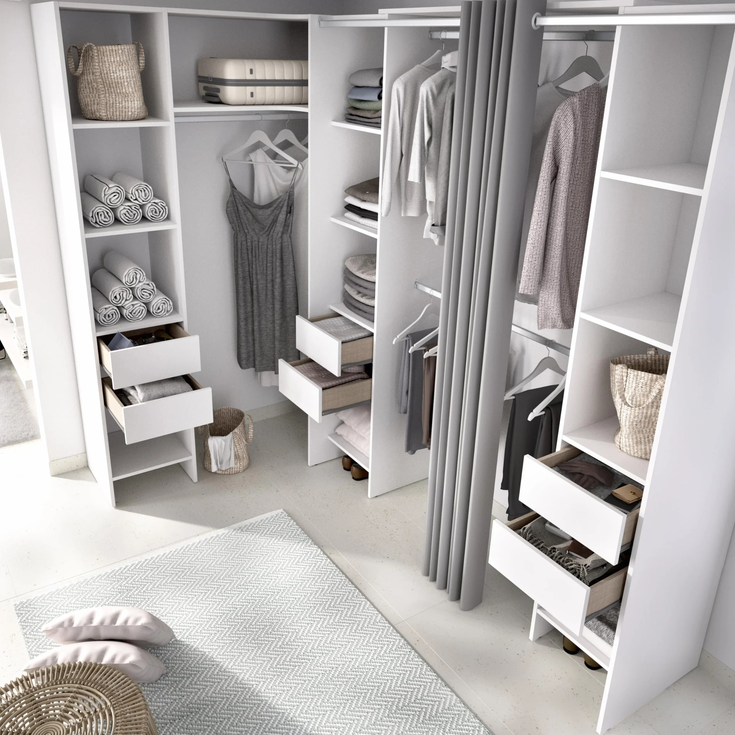 DEKIT GRUPO RIMOBEL SUIT - Conjunto de Vestidor rinconero con dos columnas, zona de barras y cortina - Blanco - 205 x 164-234 x 141 cm
