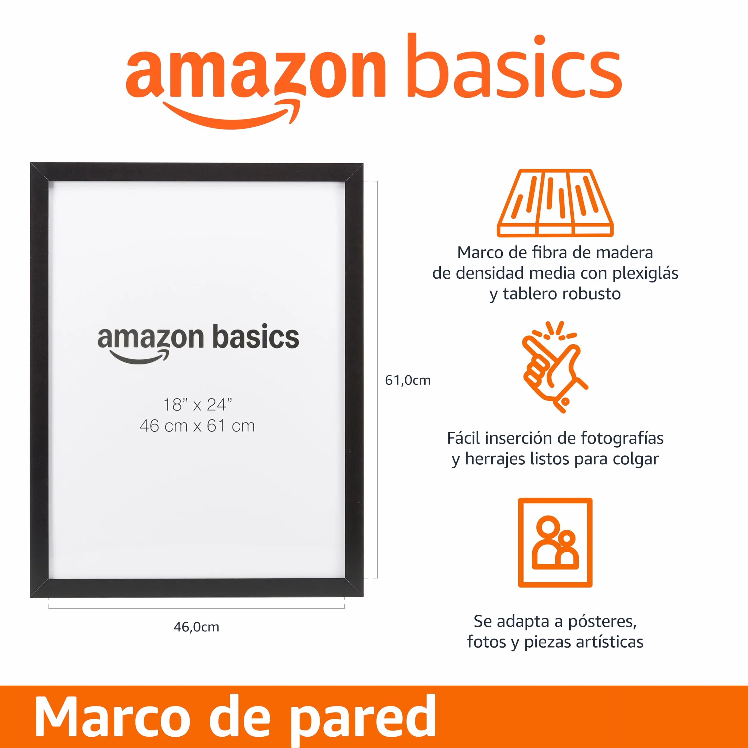 Amazon Basics Marco Rectangular de Madera para Pósteres, 46cm x 61cm, Negro