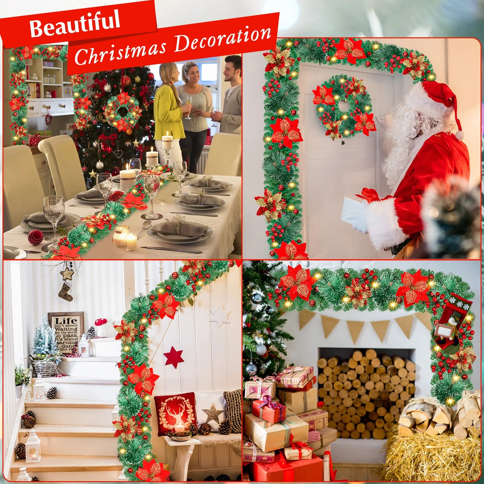 Guirnalda Navidad, Corona navideña de 2,7 m, 200 Ramas, con Bayas Rojas y Agujas de Pino Blanco,Decoracion Navidad para Chimenea con escalones de jardín (Rojo)