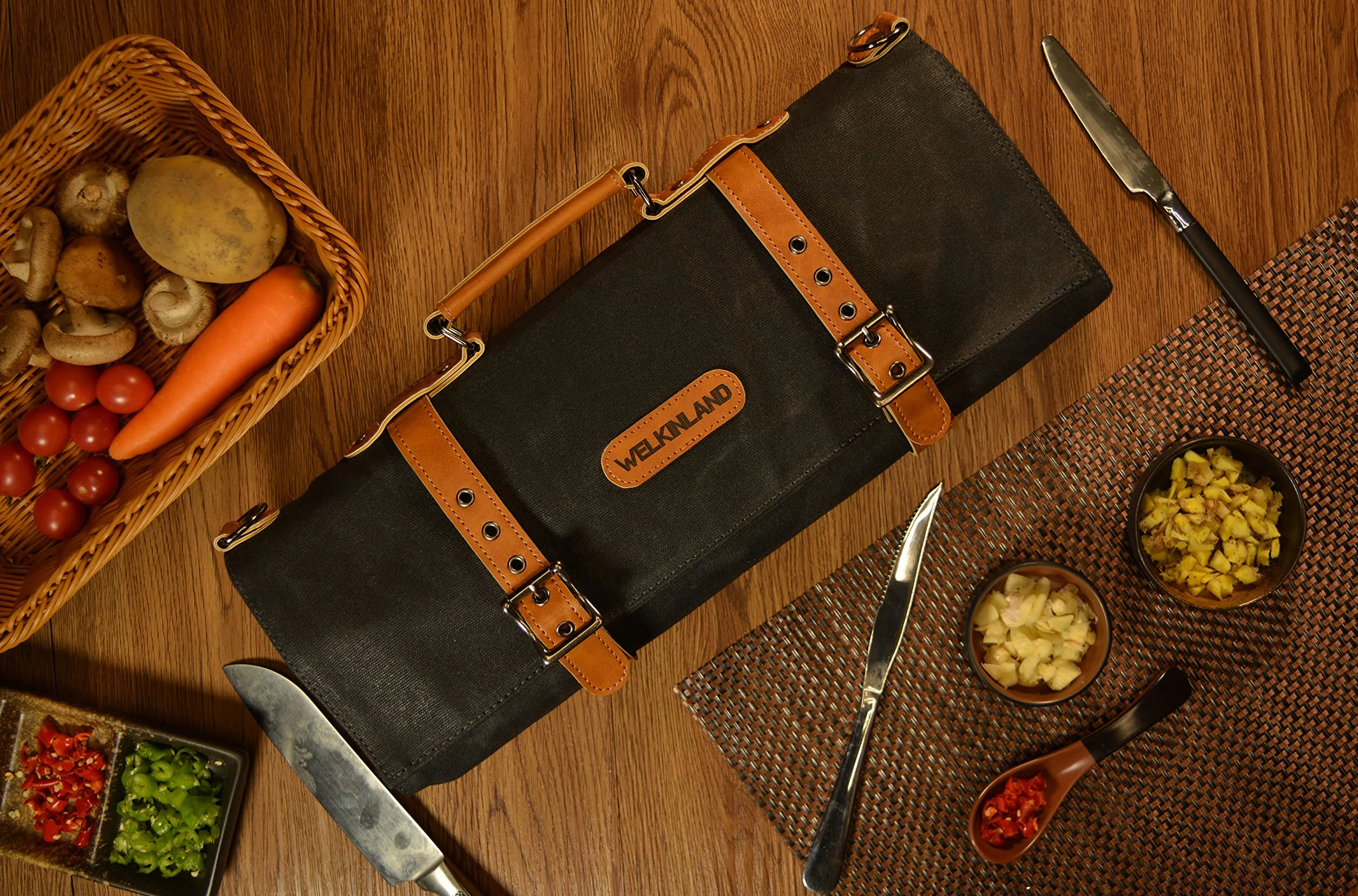 WELKINLAND Rollo de Cuero para Cuchillos de 14 Bolsillos, de Lona, Soporte para Bolsas de Cuchillos, Bolsa de Chef, Bolsa para Cuchillos de Chef, para Cuchillos