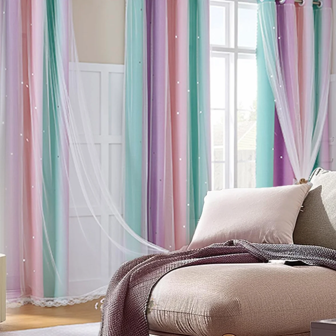 Cortinas Opacas Arcoíris 2 Paneles Princesas Niñas Decorativas Dormitorio Unicornio Rosa Púrpura Verde 132x213 cm