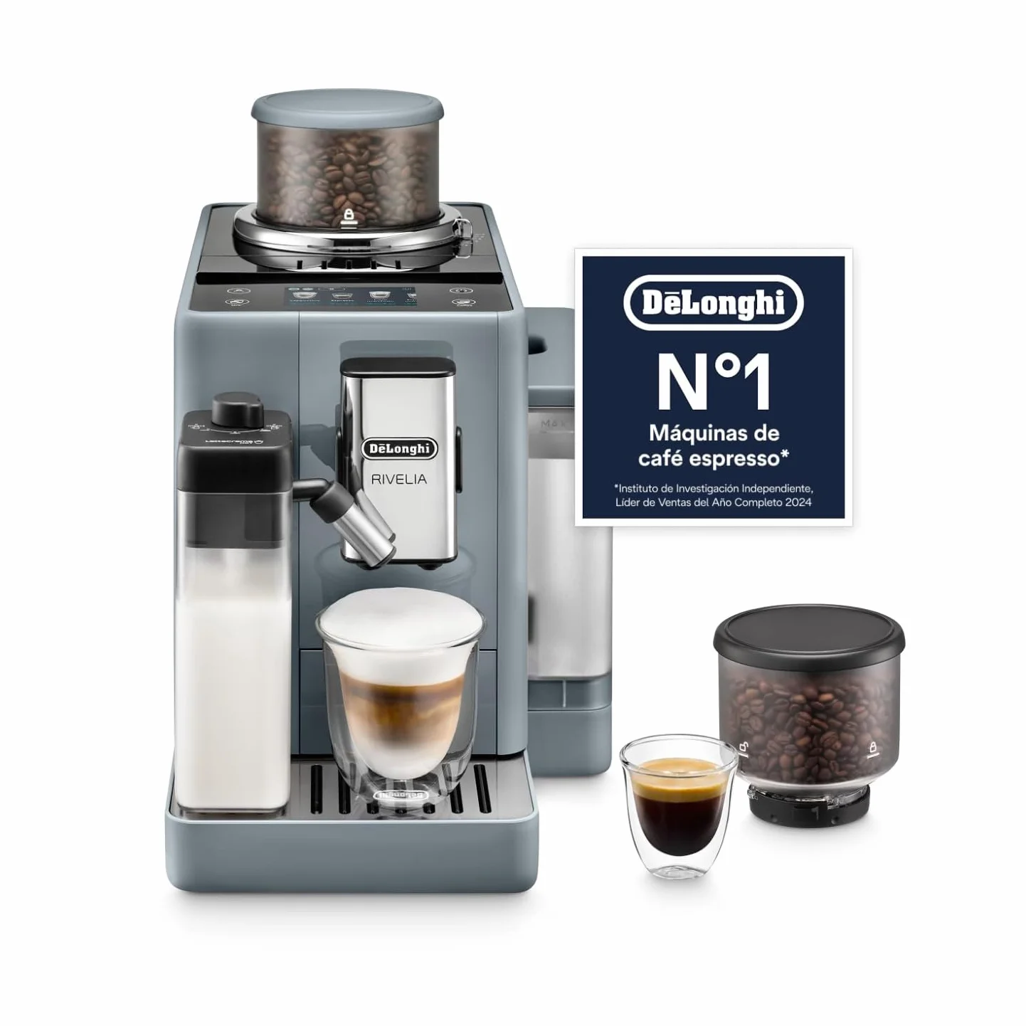 De’Longhi Cafetera Superautomática Rivelia LatteCrema 16 Bebidas One-Touch Pantalla Táctil Depósitos de Granos Intercambiables Gris