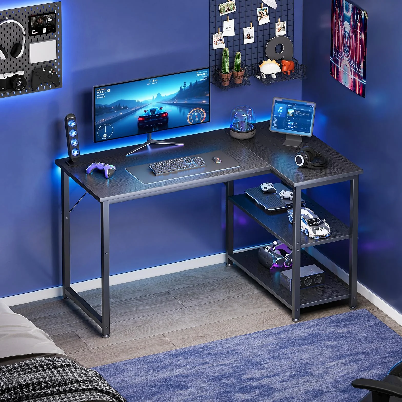 Coleshome Escritorio Gaming Esquinero 100x70cm con Estante Reversible, Negro