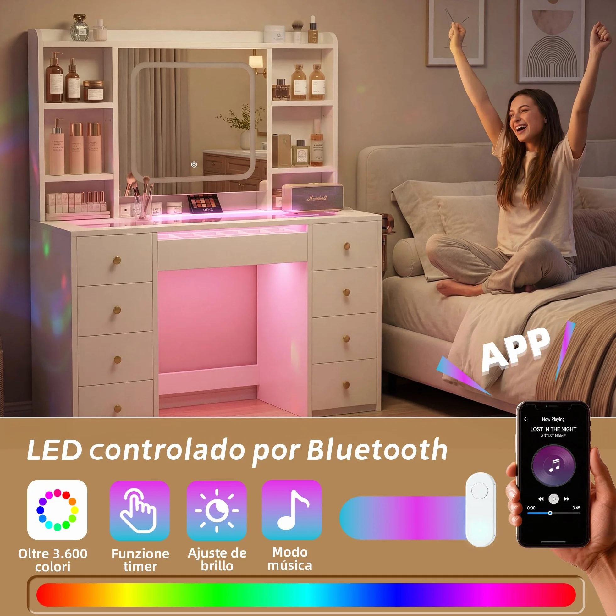 Tocador de Maquillaje con Luces LED Ajustables, Mesa con Espejo, 9 Cajones, 7 Estantes, Soporte para Secador, Blanco