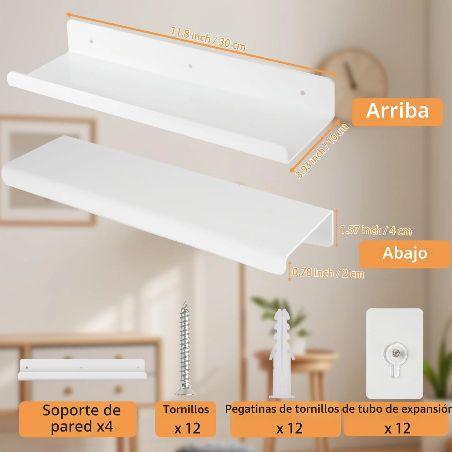 Gucass Estantería Pared Sin Taladrar 30cm Estantes Flotantes Acrílico Blanco Decoración Baño Cocina