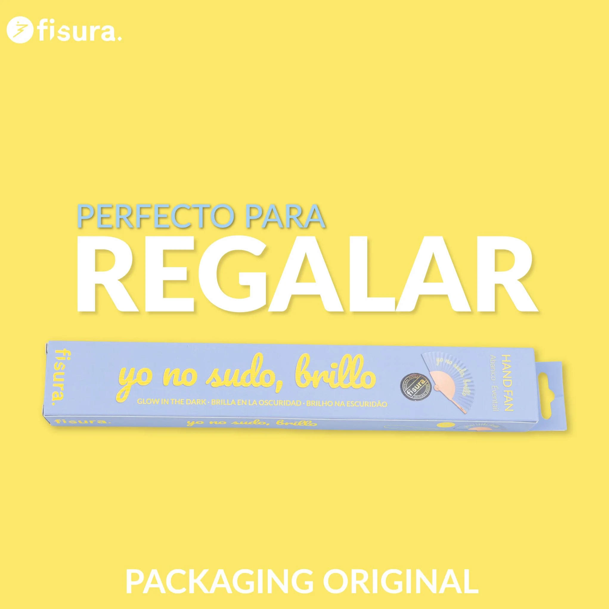 Fisura – Abanico Original con Mensaje “yo no sudo, Brillo”. Abanico de Madera Gracioso. Abanico Azul y Amarillo. Brilla en la Oscuridad. Abanico con cuelga Abanico. 42,5 x 23 cm.