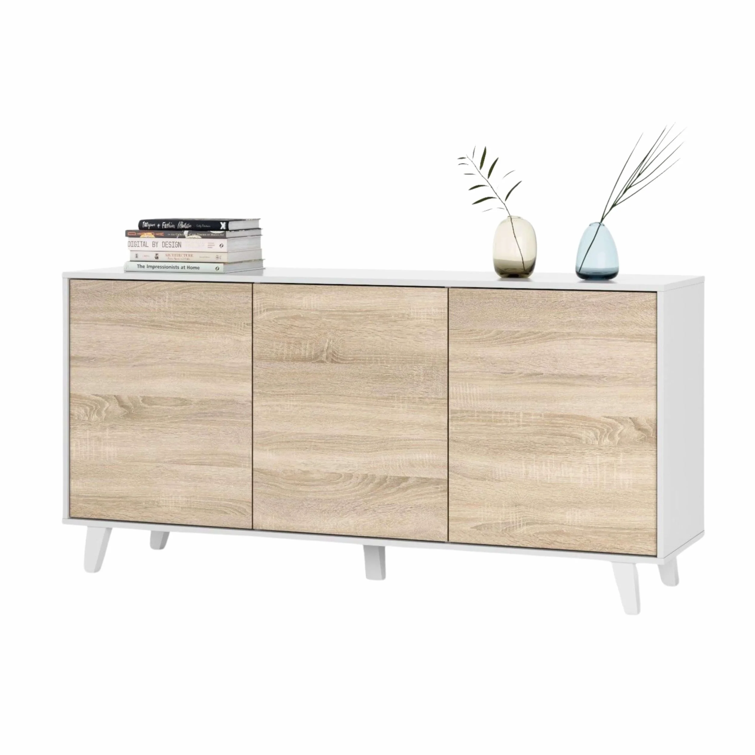 Habitdesign – Aparador Buffet 3 Puertas para Salón o Comedor, Aparador con Patas, Color Blanco Brillo y Roble Canadian, 154x41x75 cm - Zaiken Plus