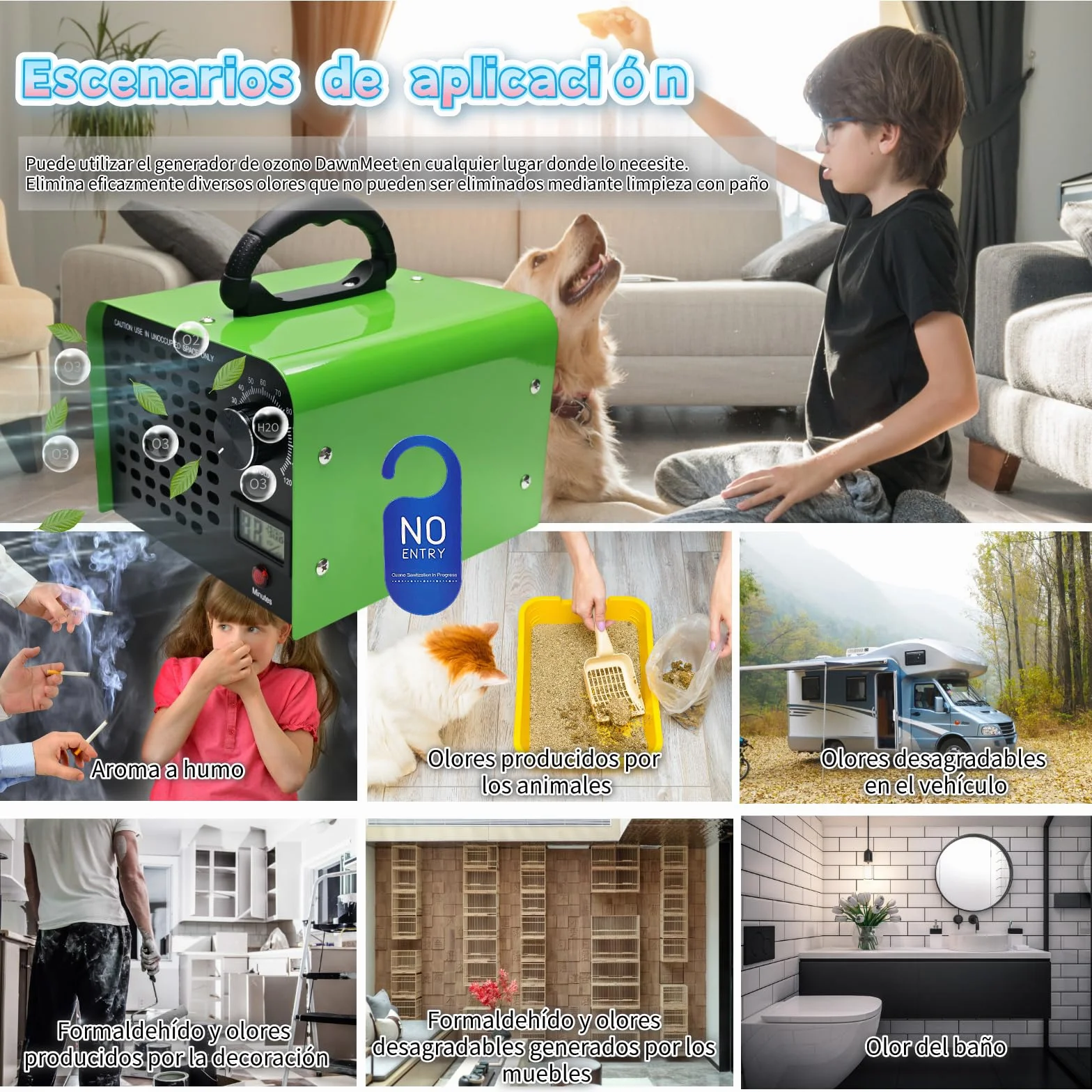 DawnMeet Generador de Ozono 40000mg/h 300㎡ Máquina Ozono Termohigrómetro Temporizador 120 Minutos Verde
