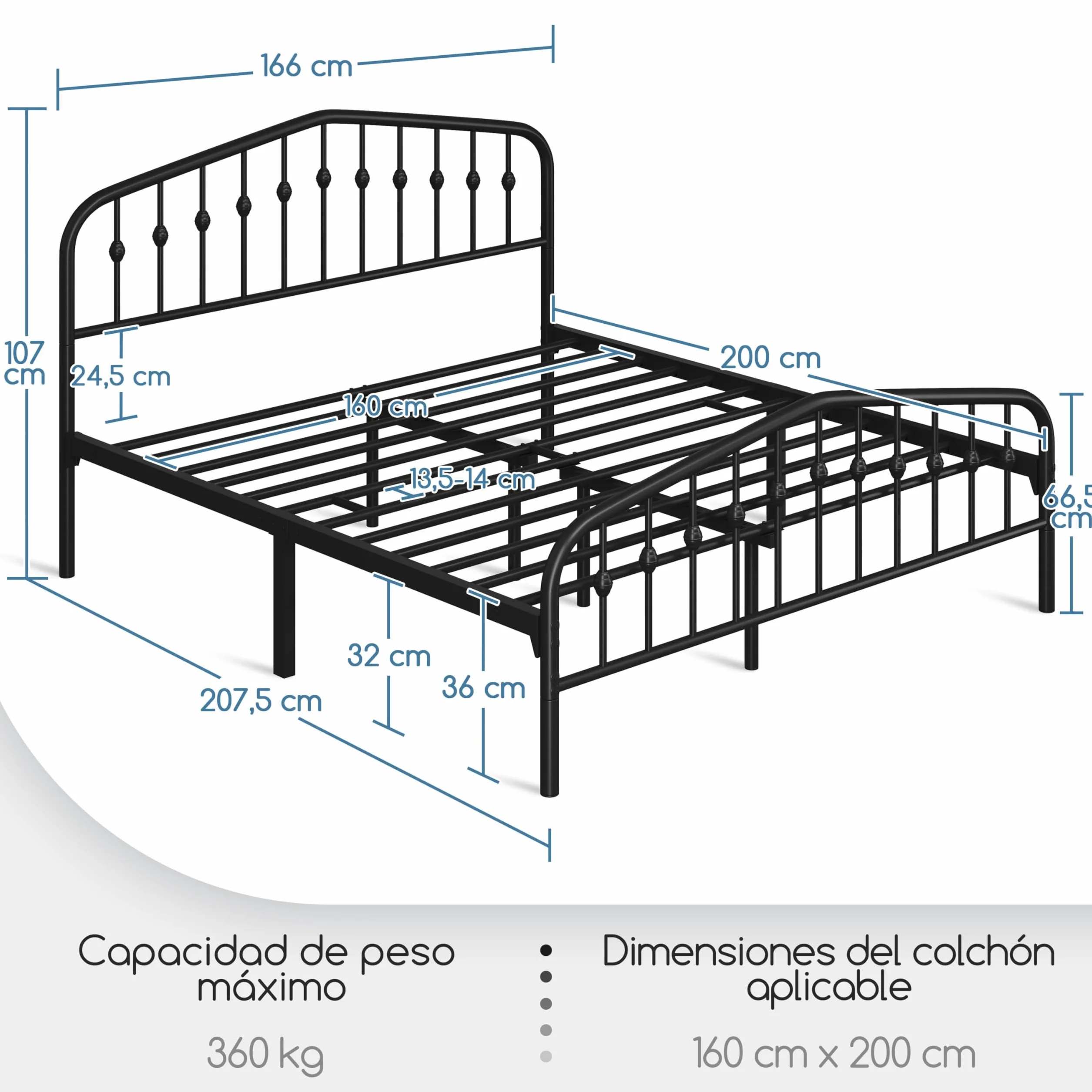 Yaheetech Marco de Cama de Metal Moderno 160 x 200 cm Negro