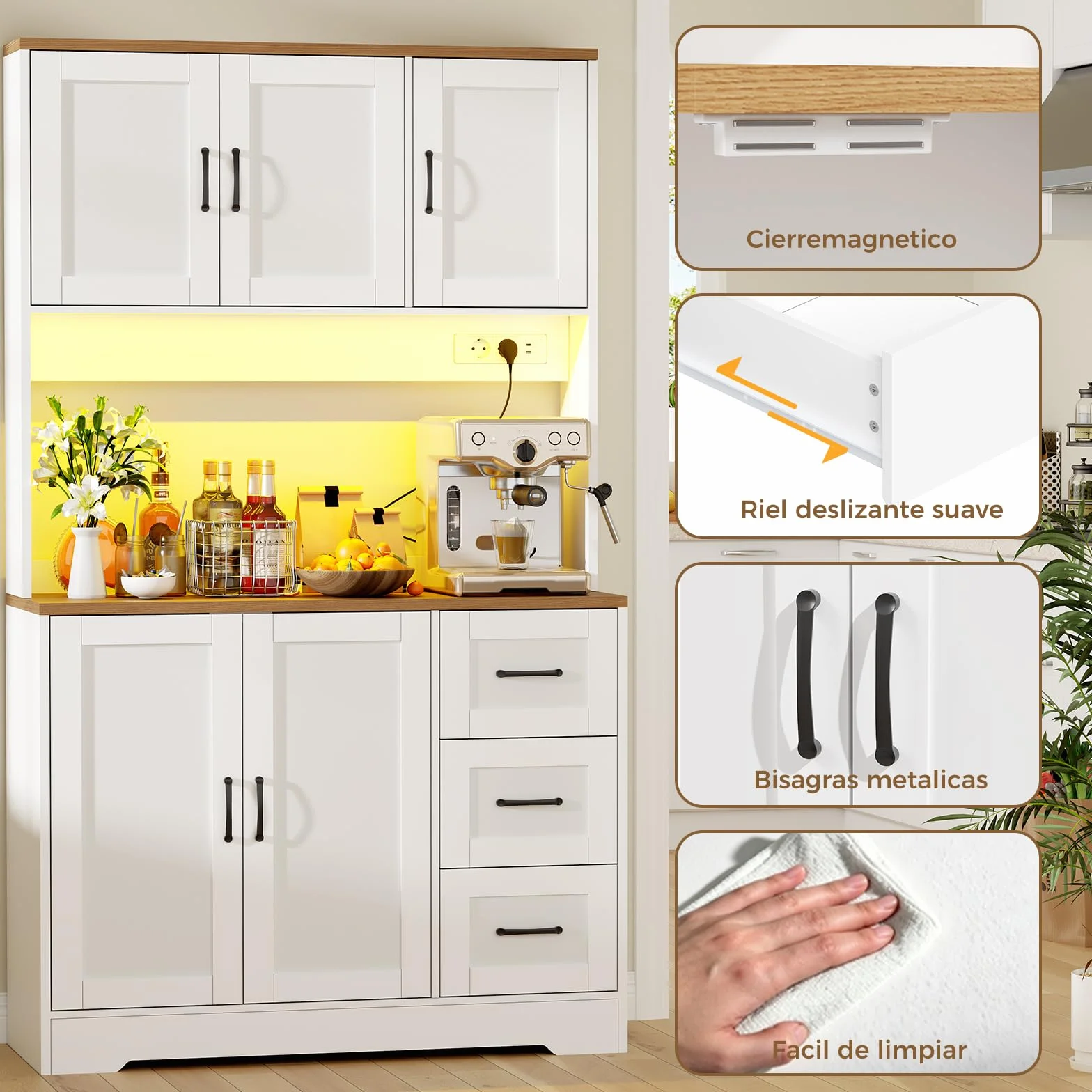 BEWISHOME Alacena de Cocina, Mueble Cocina Auxiliar con LED y Enchufes USB, Armario Cocina Alto con 5 Puertas y 3 Cajones, Estantes Regulables, para Cocina, Comedor o Salón, 100x40x180 cm, Blanco
