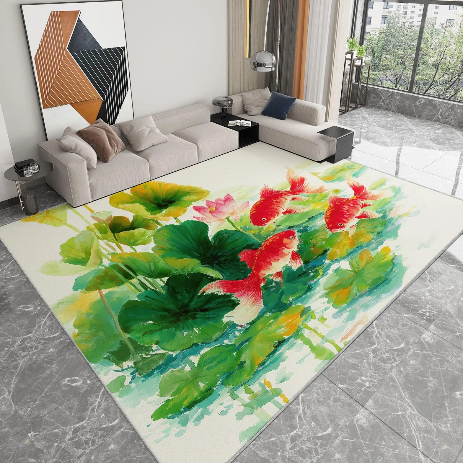 Goldfish - Alfombra antideslizante con diseño de hojas de estanque de loto, 120 x 170 cm, lavable a tinta, alfombra para dormitorio de niños y niñas, alfombra de suelo para sala de estar, dormitorio