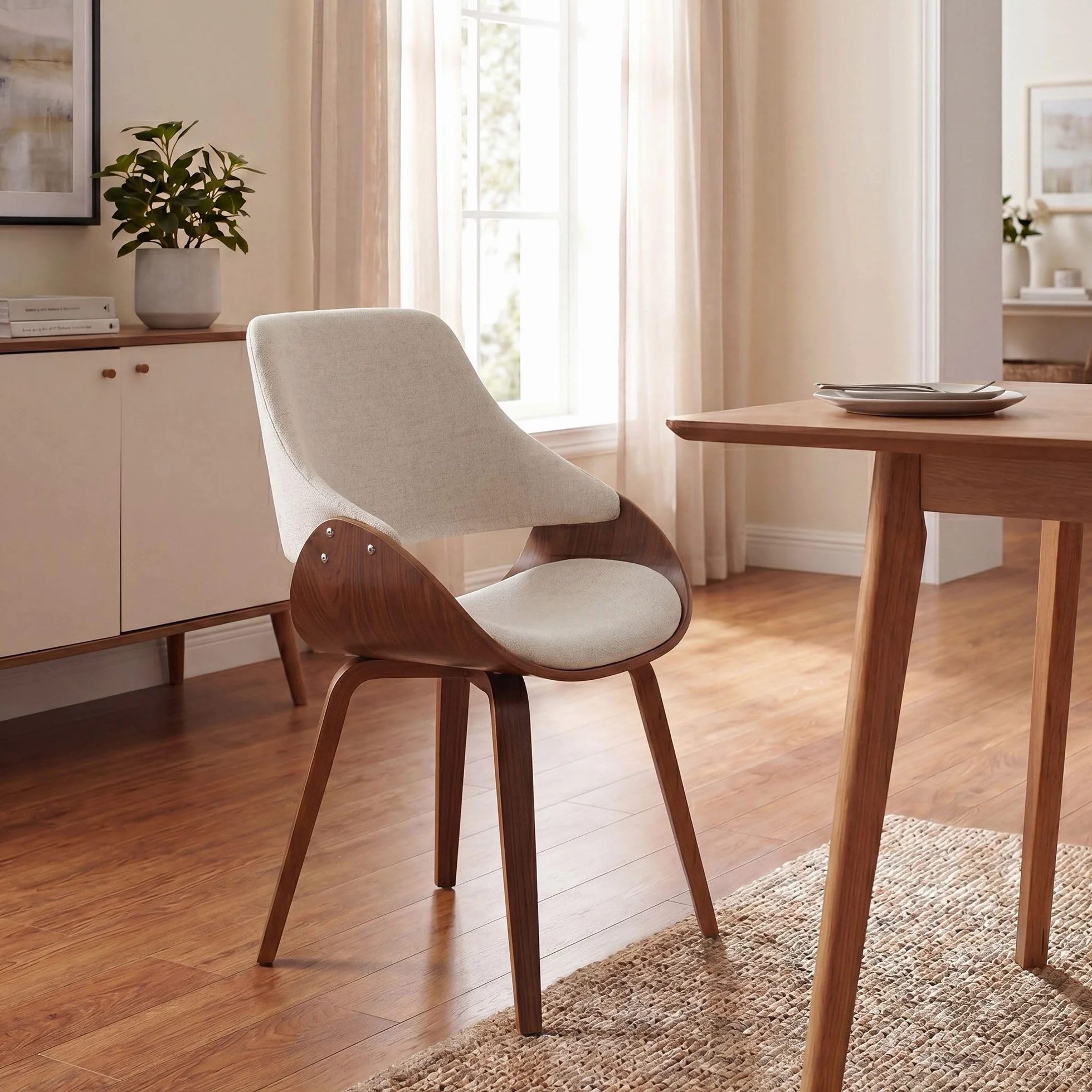 CLP Silla de Comedor Vangale Tapizada con Respaldo, Diseño Moderno con Estructura de Madera Curvada para Salón, Color:Nuez/Crema, Material:Tela