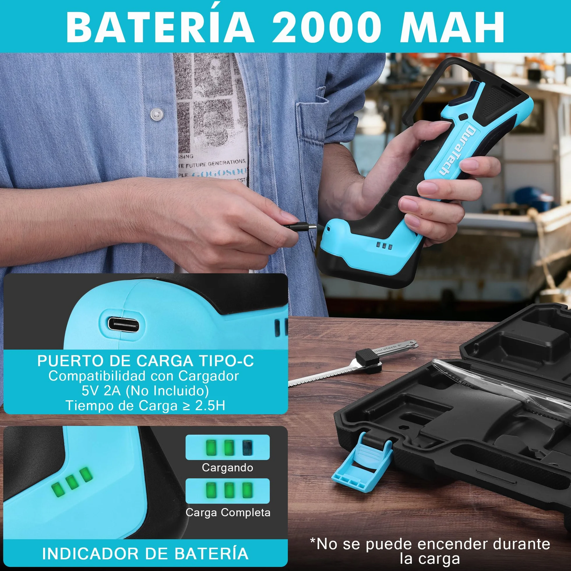 DURATECH Cuchillo Eléctrico Inalámbrico 12V para Pescado, con Cuchillas de 20 cm y 25 cm, Cuchillo Eléctrico con Batería de 2000mAh, Mango Antideslizante para Pescadores y Cocineros