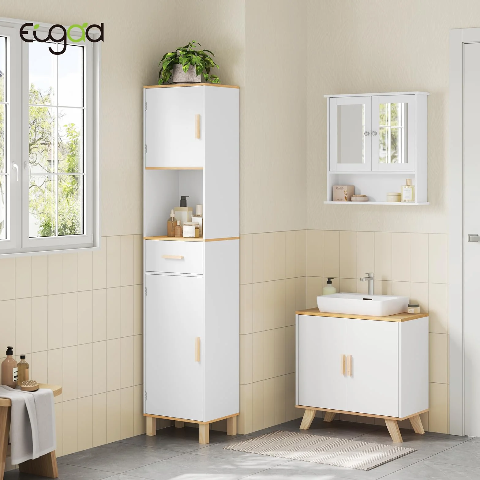 EUGAD Armario Baño Alto, Armario Columna de Almacenamiento, Mueble Baño Blanco con 2 Puertas, 4 Compartimentos Interiores, 1 Compartimento Abierto y 1 Cajón, MDF, 39x30x179 cm