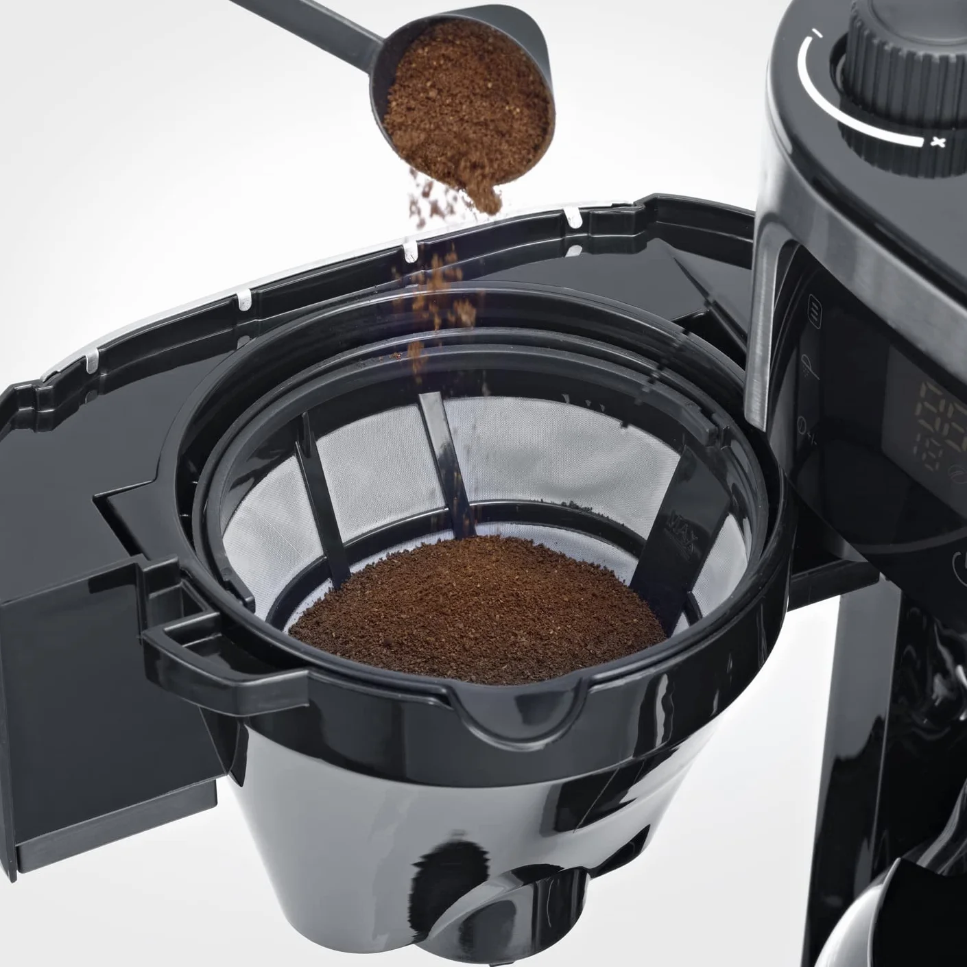 SEVERIN - Cafetera de goteo con molinillo hasta 10 tazas, Cafetera de filtro / Cafetera americana con jarra de cristal de 1l, con pantalla LED con temporizador, Acero inoxidable / Negro, KA 4813