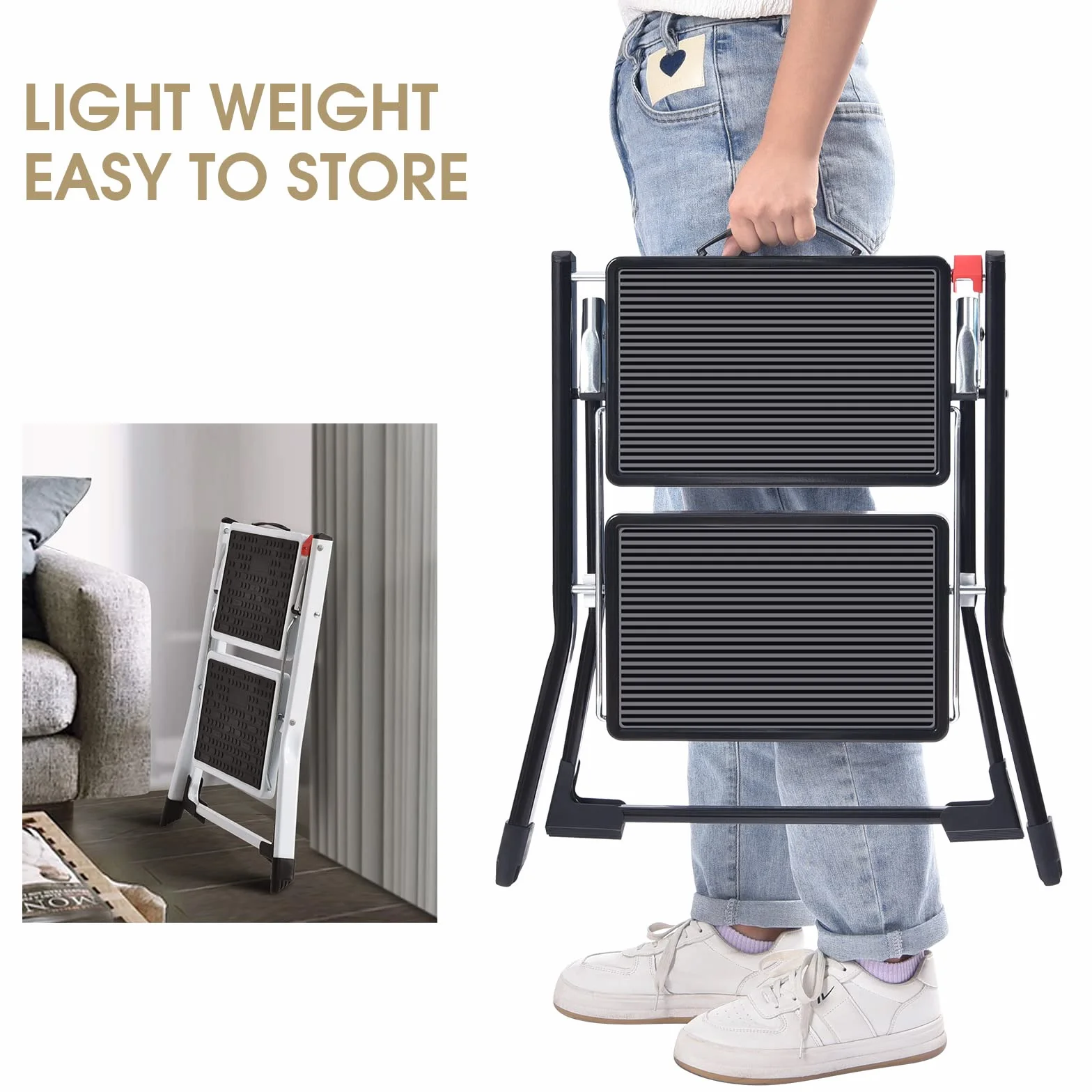 KINGRACK Taburete Plegable con Alfombrilla de Goma Antideslizante Acero Ligero 150 kg 2 Pasos Negro