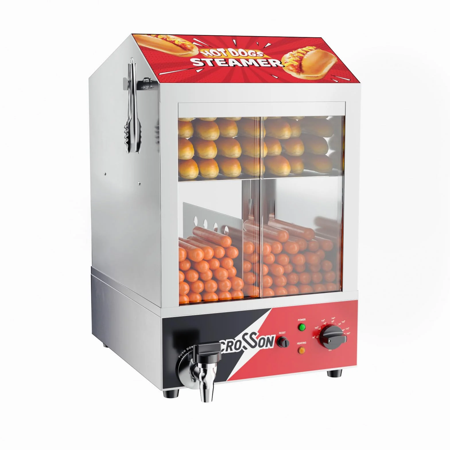 CROSSON Profesional Hot Dog Steamer 42L,1200W Hotdog Steamer Machine con bollo calentador de acero inoxidable gran capacidad 175 perros calientes y 50 rollos con puertas correderas
