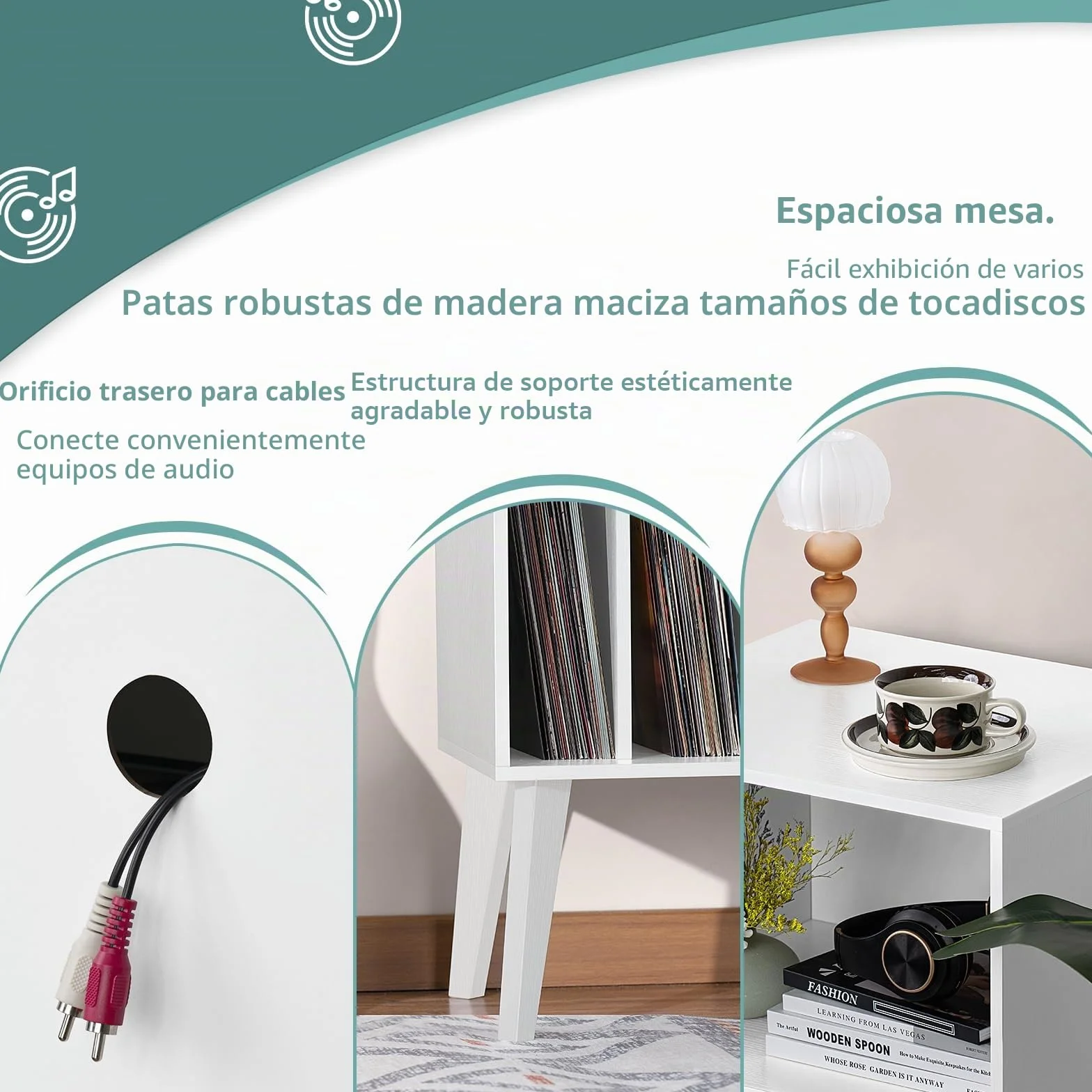 Soporte para tocadiscos Mid-Century con patas de madera, almacenamiento para 160 álbumes, mesa auxiliar natural