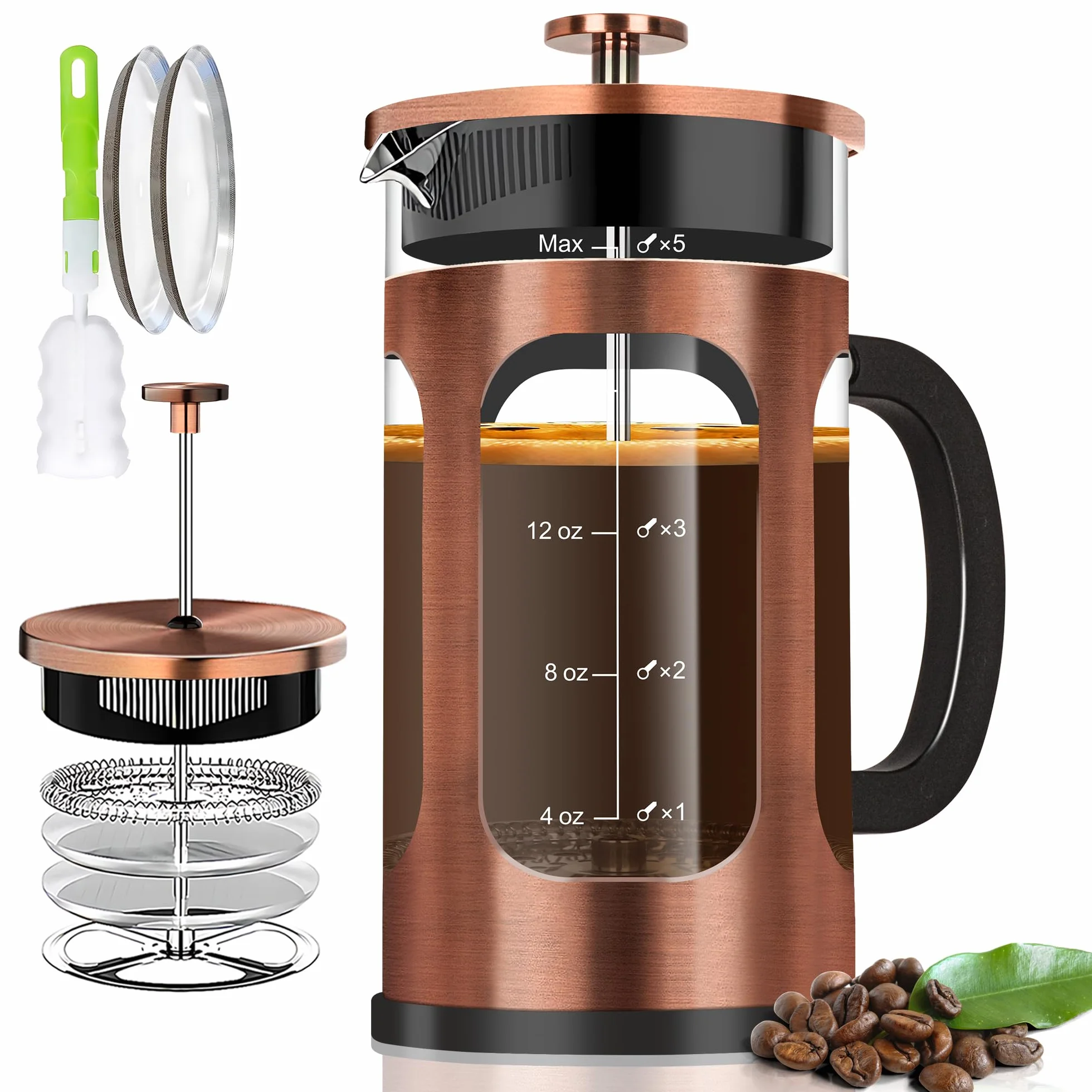 YMMIND Cafetera de prensa francesa (21 onzas, 600 ml, 3-4 tazas), prensa de café, con sistema de 4 filtros, vidrio de borosilicato de grosor resistente al calor, taza de té para café en frío, regalos
