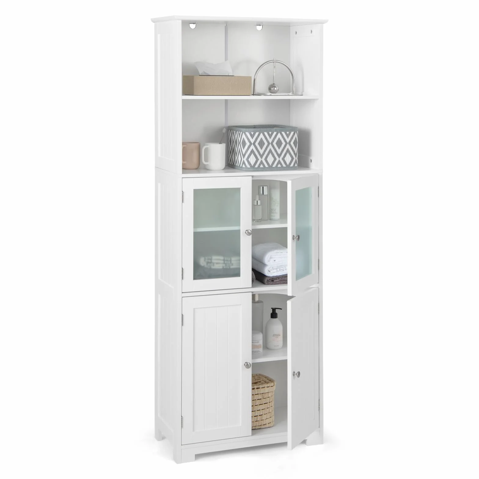 GIANTEX Armario de Almacenamiento Alto, Gabinete de Baño con Puerta & Estante Ajustable, Organizador Independiente de Suelo para Dormitorio, Cocina, Sala de Estar, Blanco,60 x 30 x 163 cm (Blanco)