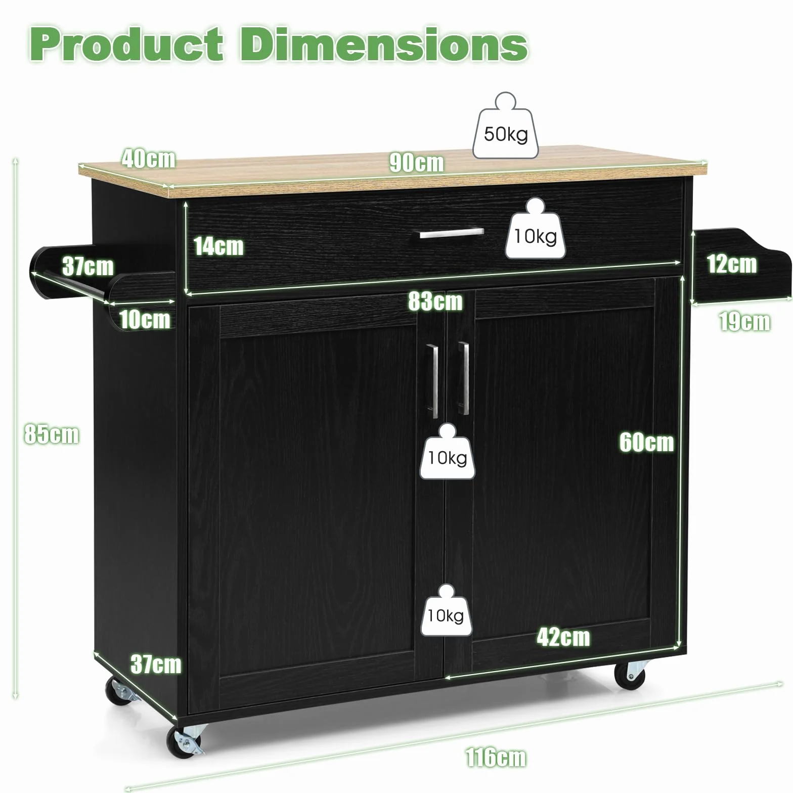 KOMFOTTEU Carro de Cocina Auxiliar, Carrito de Servicio con Cajón y Estante Ajustable, Estantería Móvil de Comedor con Ruedas Universales con Freno, de Madera, 116 x 40 x 85 cm (Black)